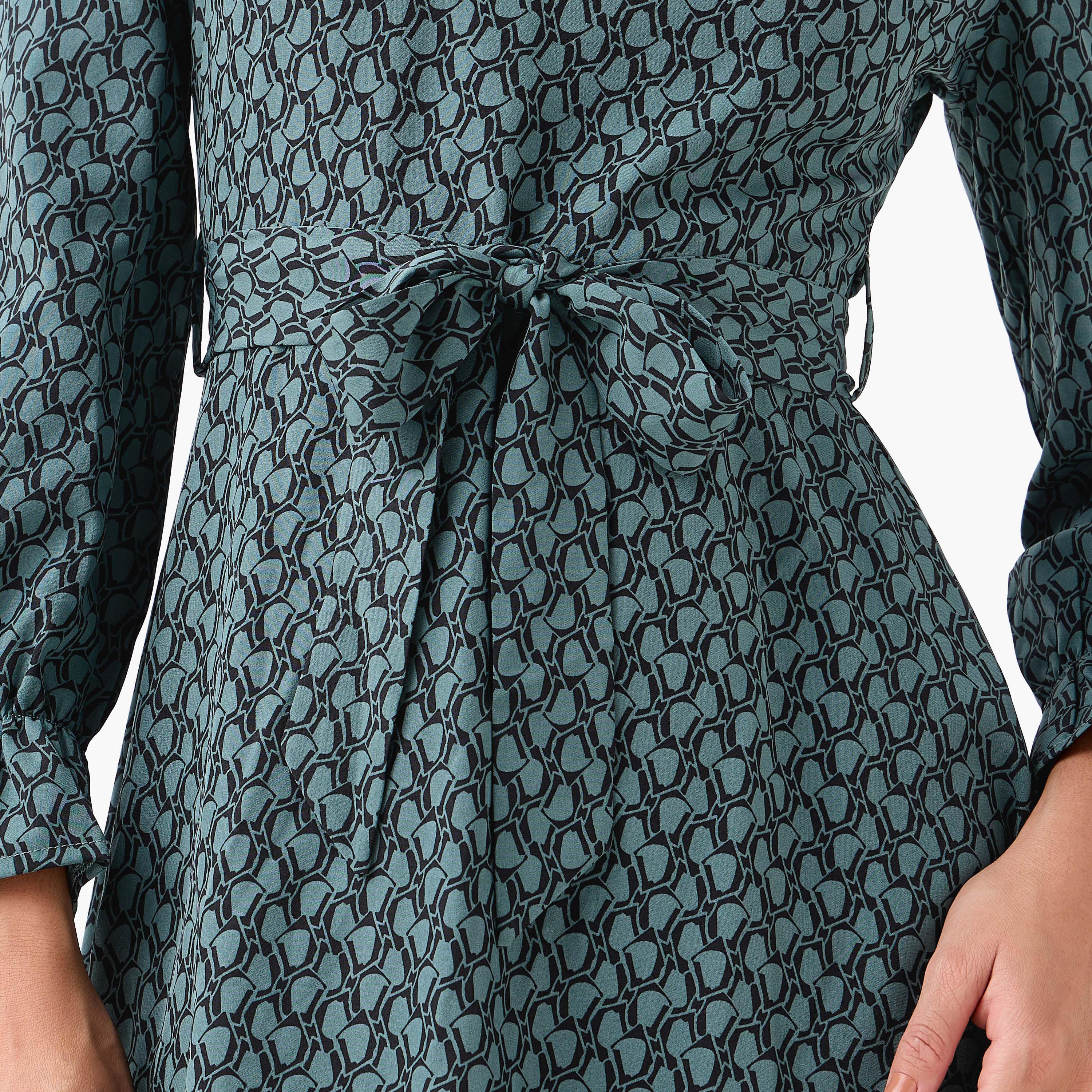Abstract Print Mini Dress with High Neck and Tie-Up Belt-women-clothing-dresses-image-4