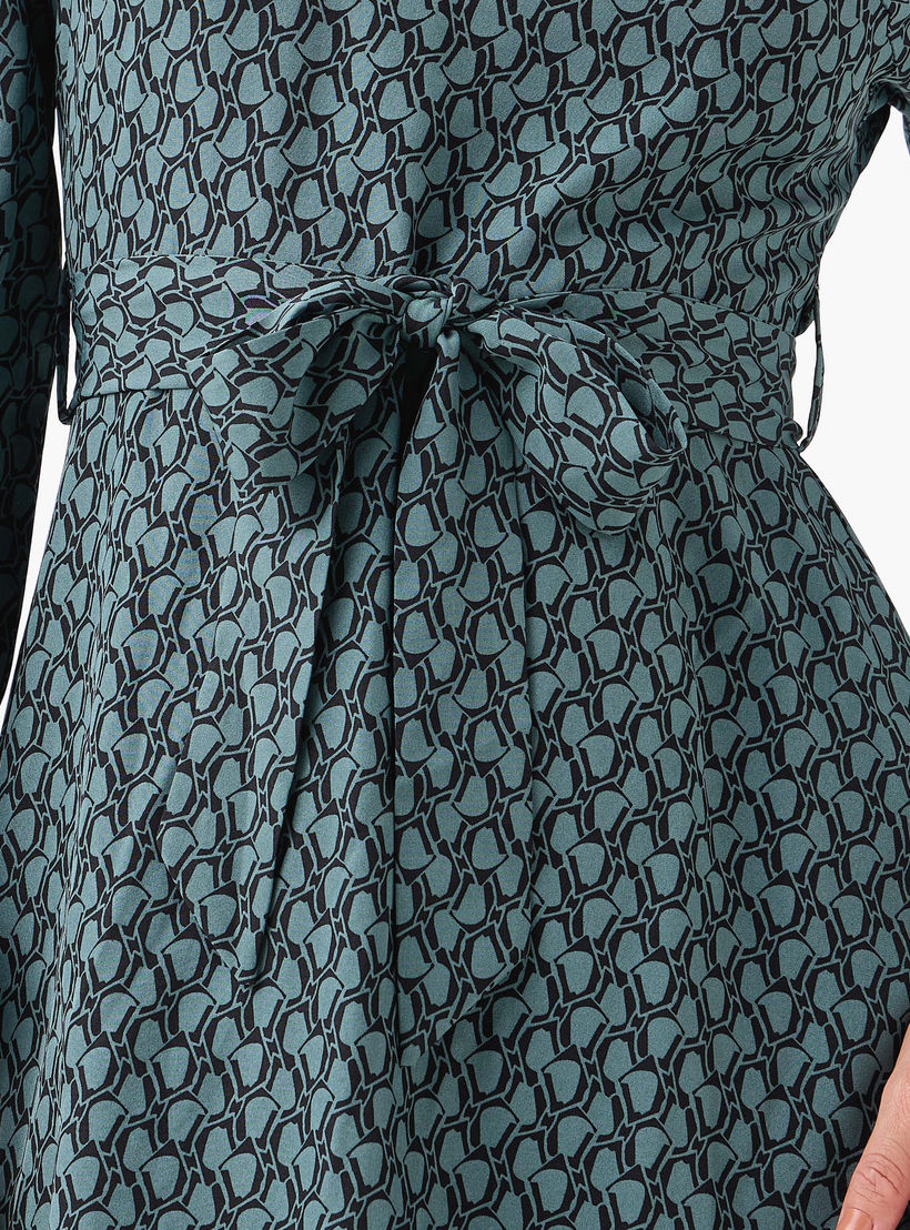Abstract Print Mini Dress with High Neck and Tie-Up Belt-women-clothing-dresses-image-4