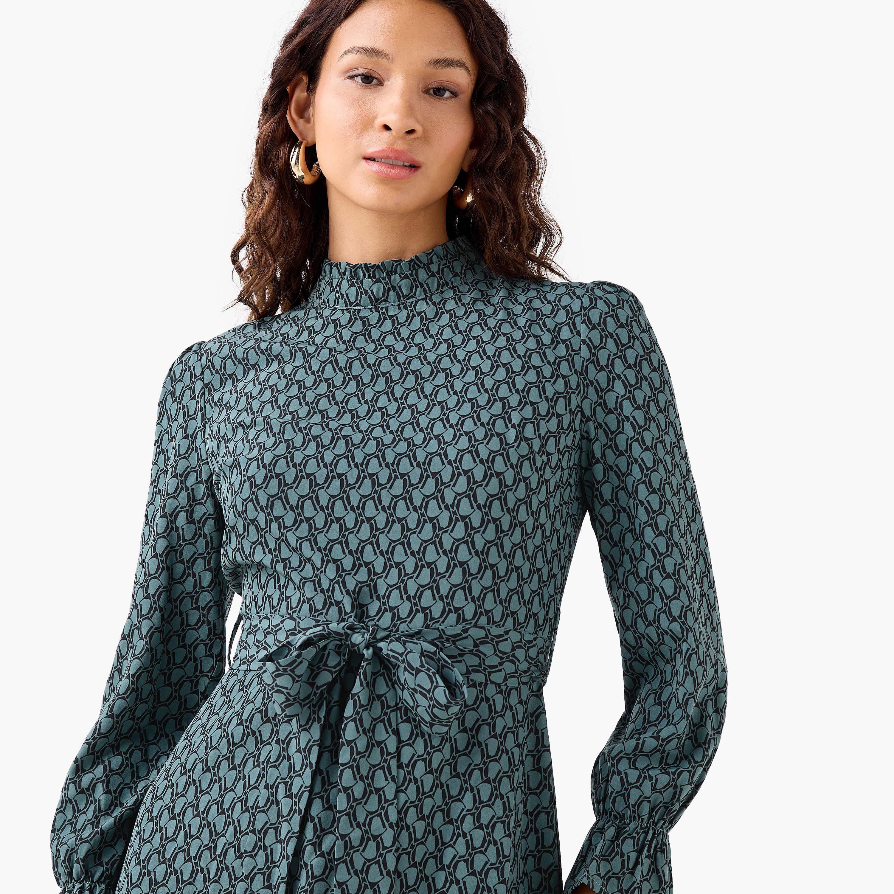 Abstract Print Mini Dress with High Neck and Tie-Up Belt-women-clothing-dresses-image-5