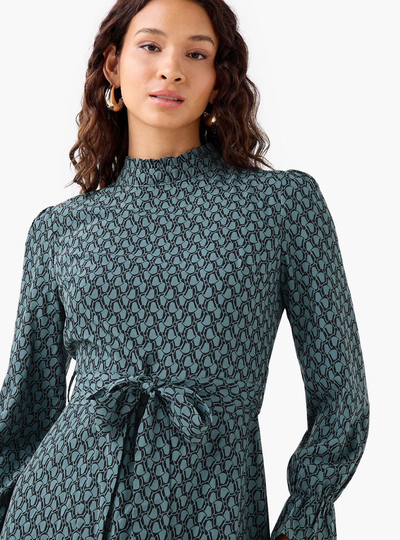 Abstract Print Mini Dress with High Neck and Tie-Up Belt-women-clothing-dresses-image-5
