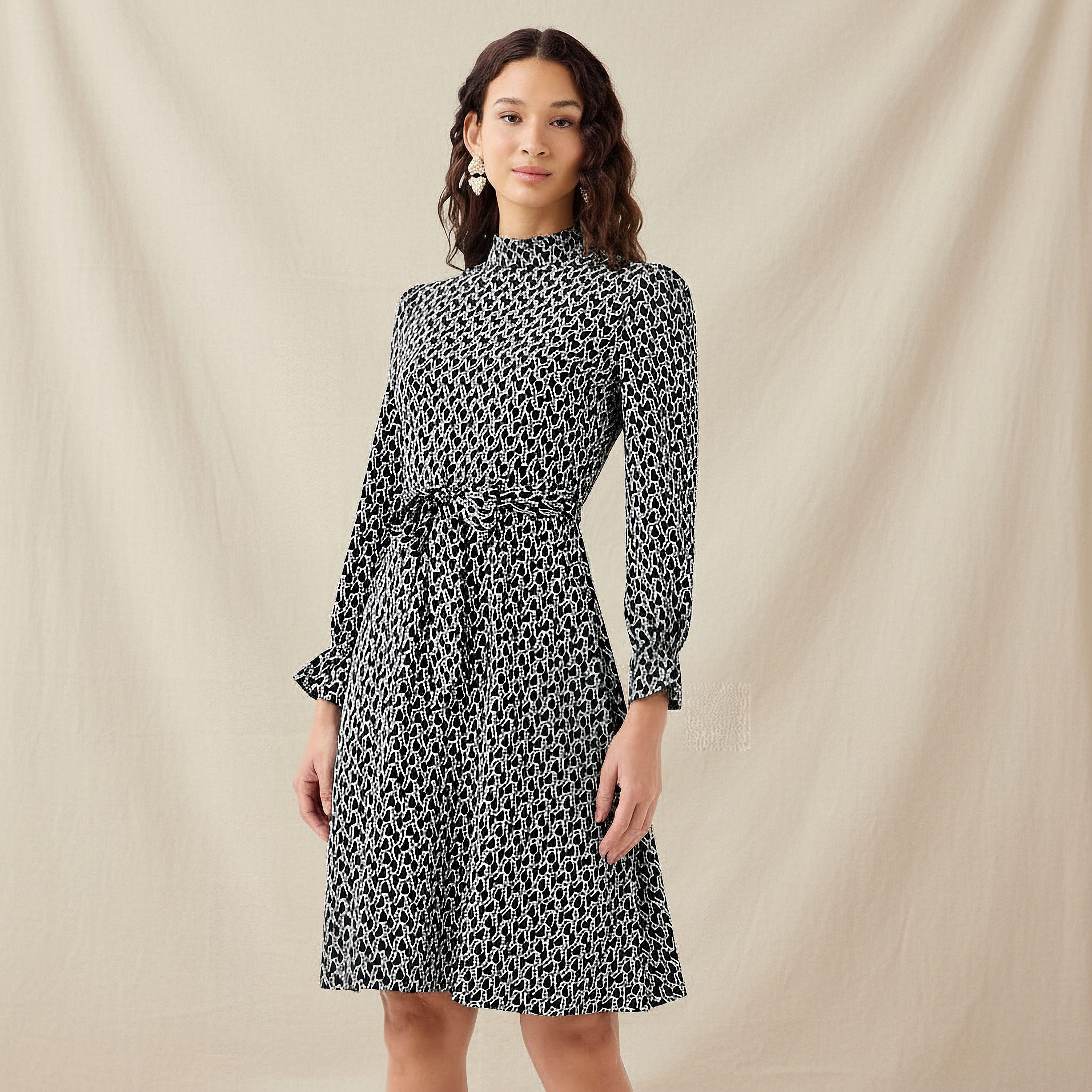 Abstract Print Mini Dress with High Neck and Tie-Up Belt-women-clothing-dresses-image-1