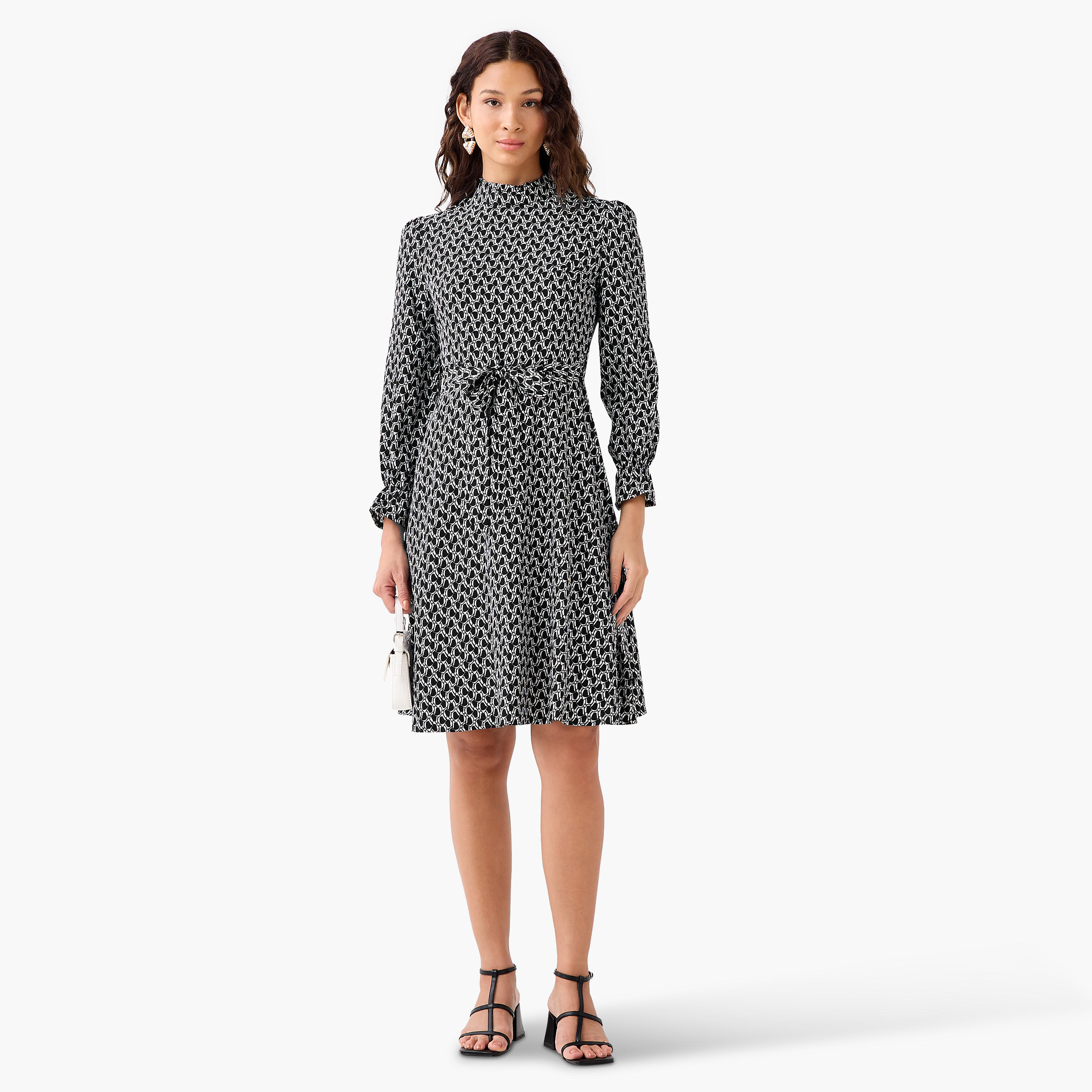 Abstract Print Mini Dress with High Neck and Tie-Up Belt-women-clothing-dresses-image-2