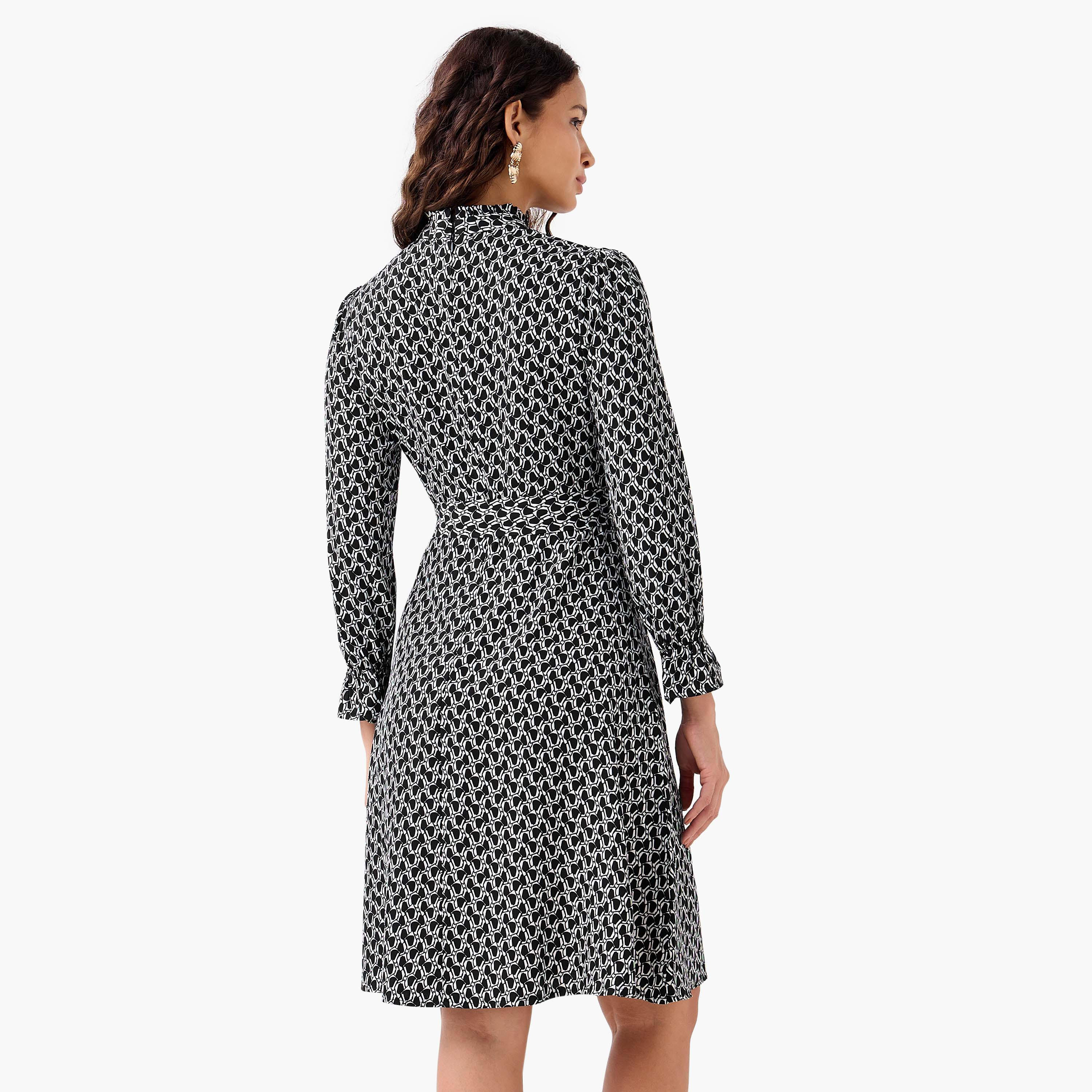 Abstract Print Mini Dress with High Neck and Tie-Up Belt-women-clothing-dresses-image-3