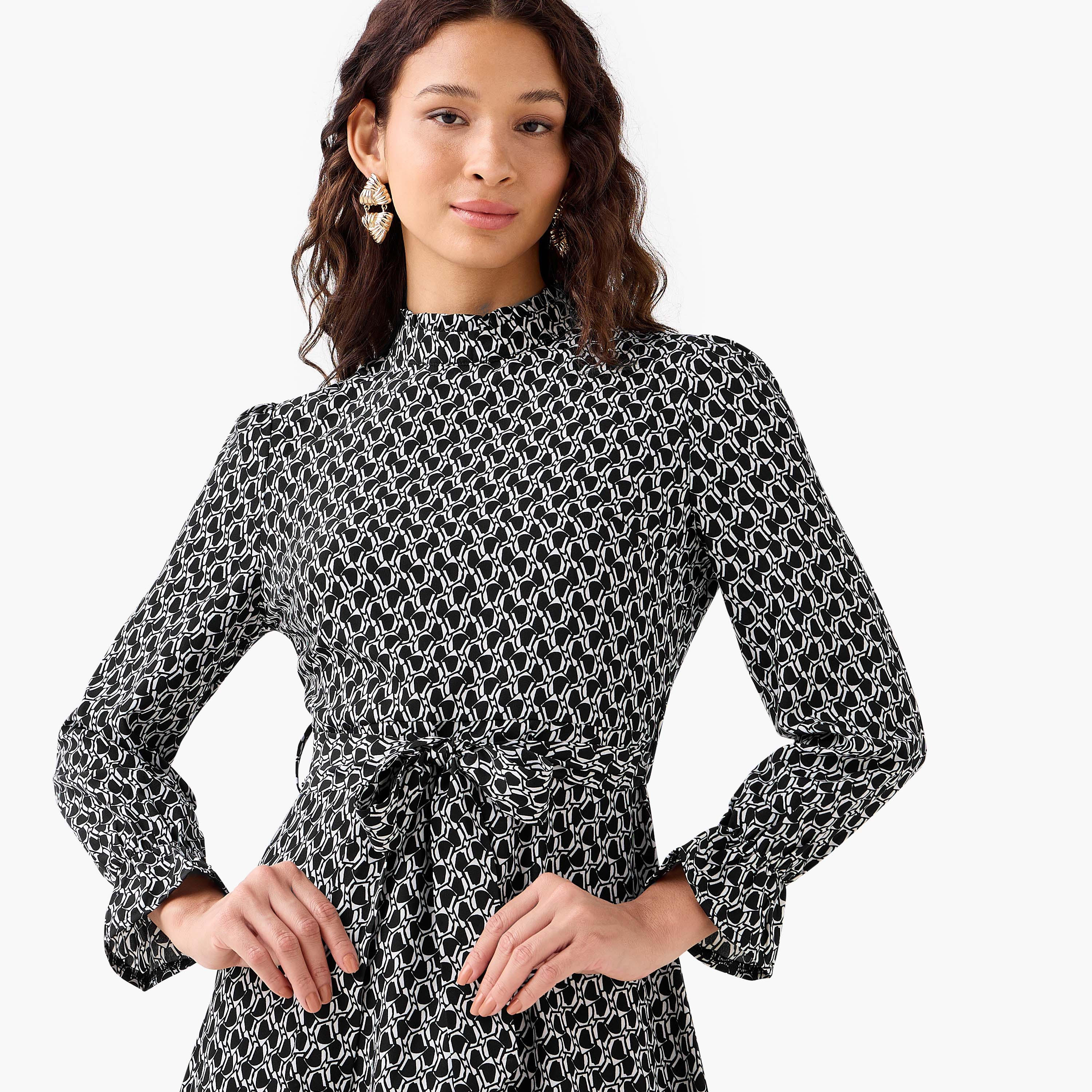 Abstract Print Mini Dress with High Neck and Tie-Up Belt-women-clothing-dresses-image-5