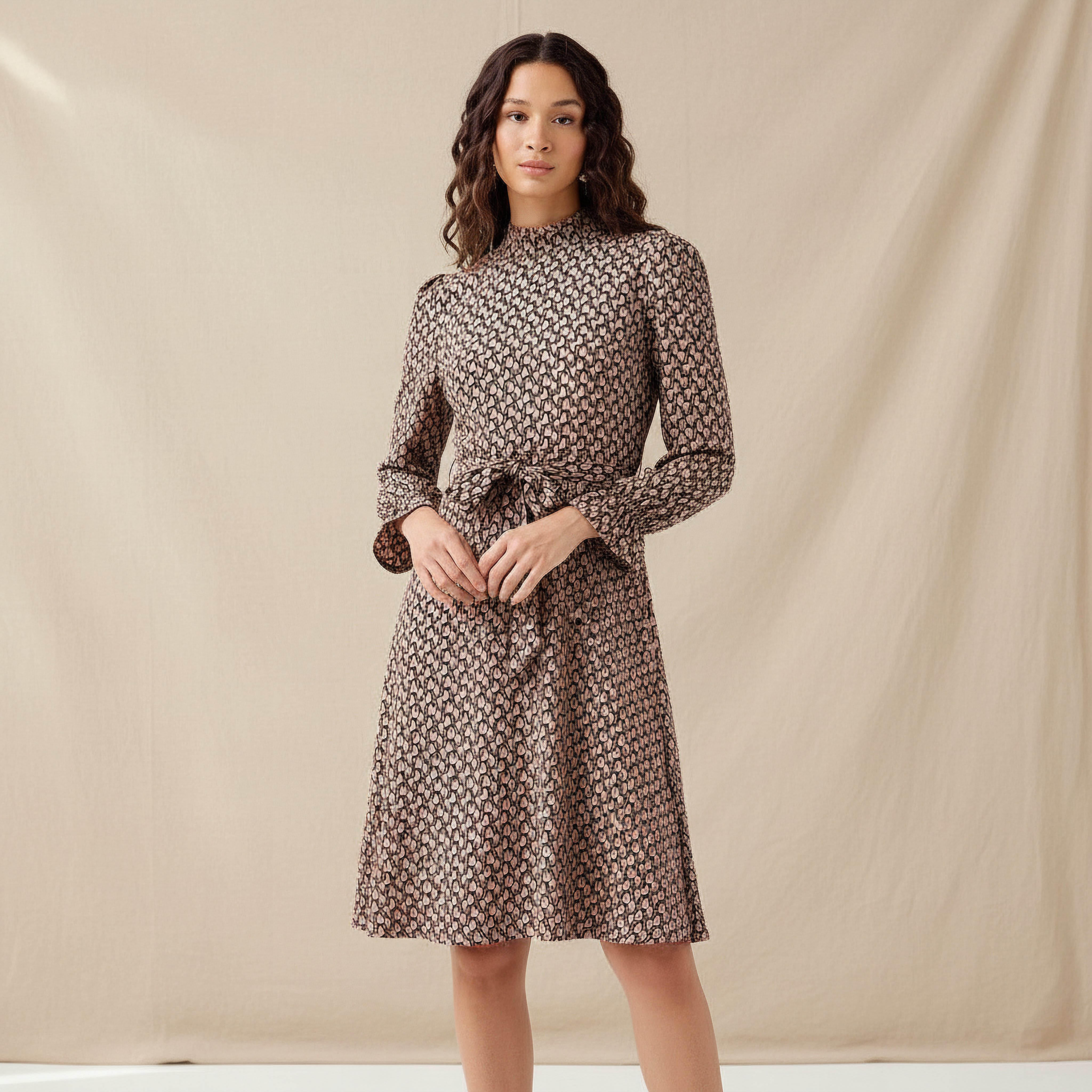 Abstract Print Mini Dress with High Neck and Tie-Up Belt-women-clothing-dresses-image-1