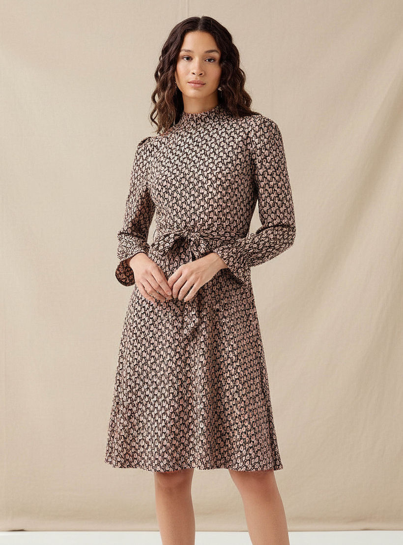 Abstract Print Mini Dress with High Neck and Tie-Up Belt-women-clothing-dresses-image-1