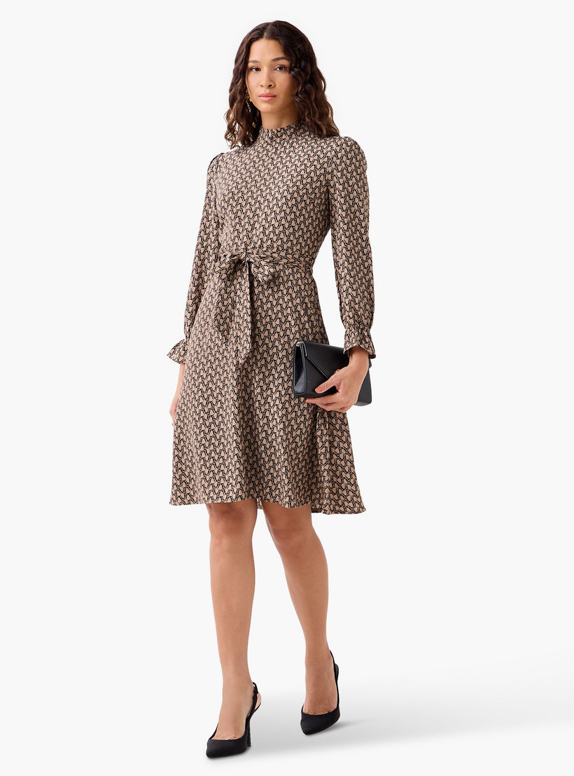 Abstract Print Mini Dress with High Neck and Tie-Up Belt-women-clothing-dresses-image-2
