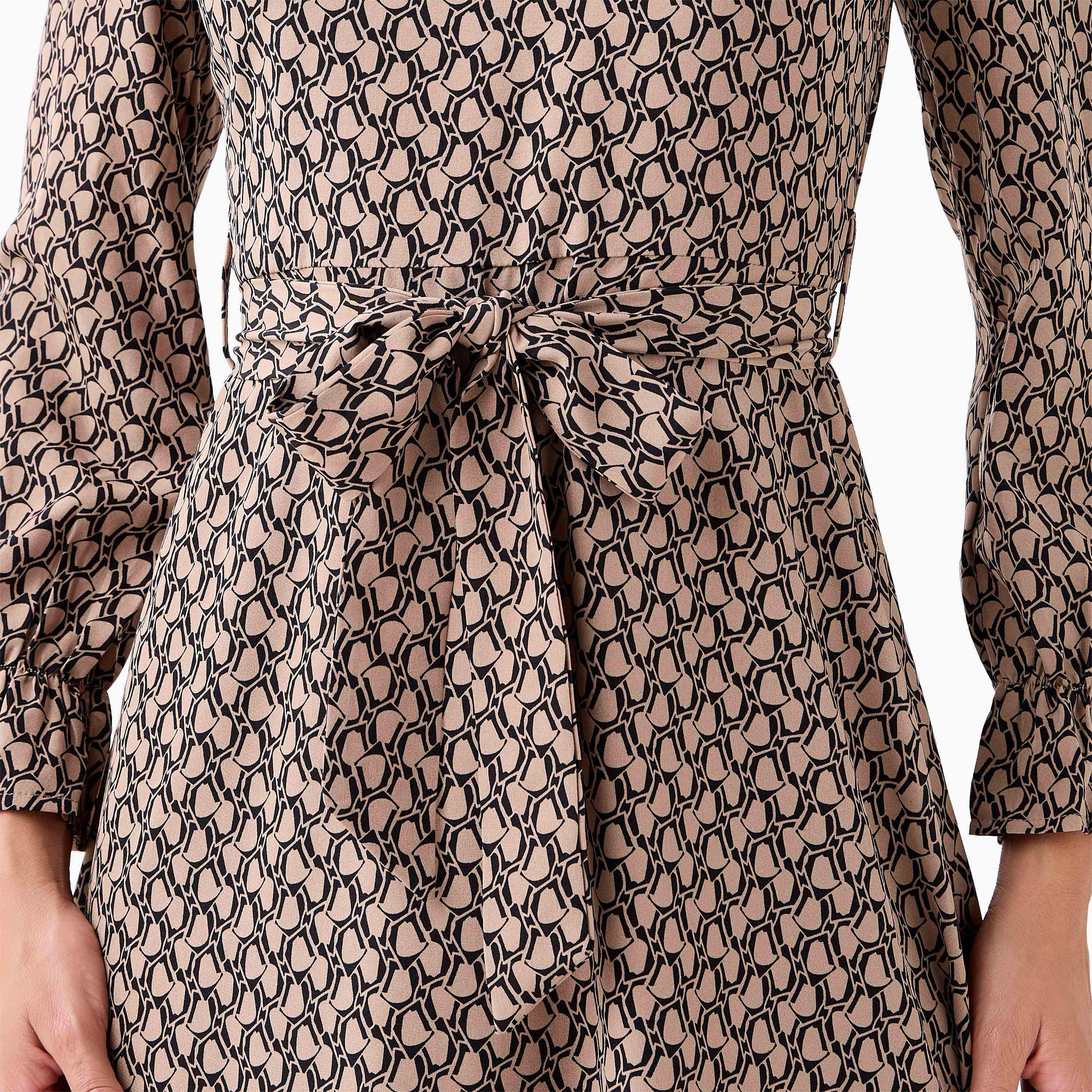 Abstract Print Mini Dress with High Neck and Tie-Up Belt-women-clothing-dresses-image-4