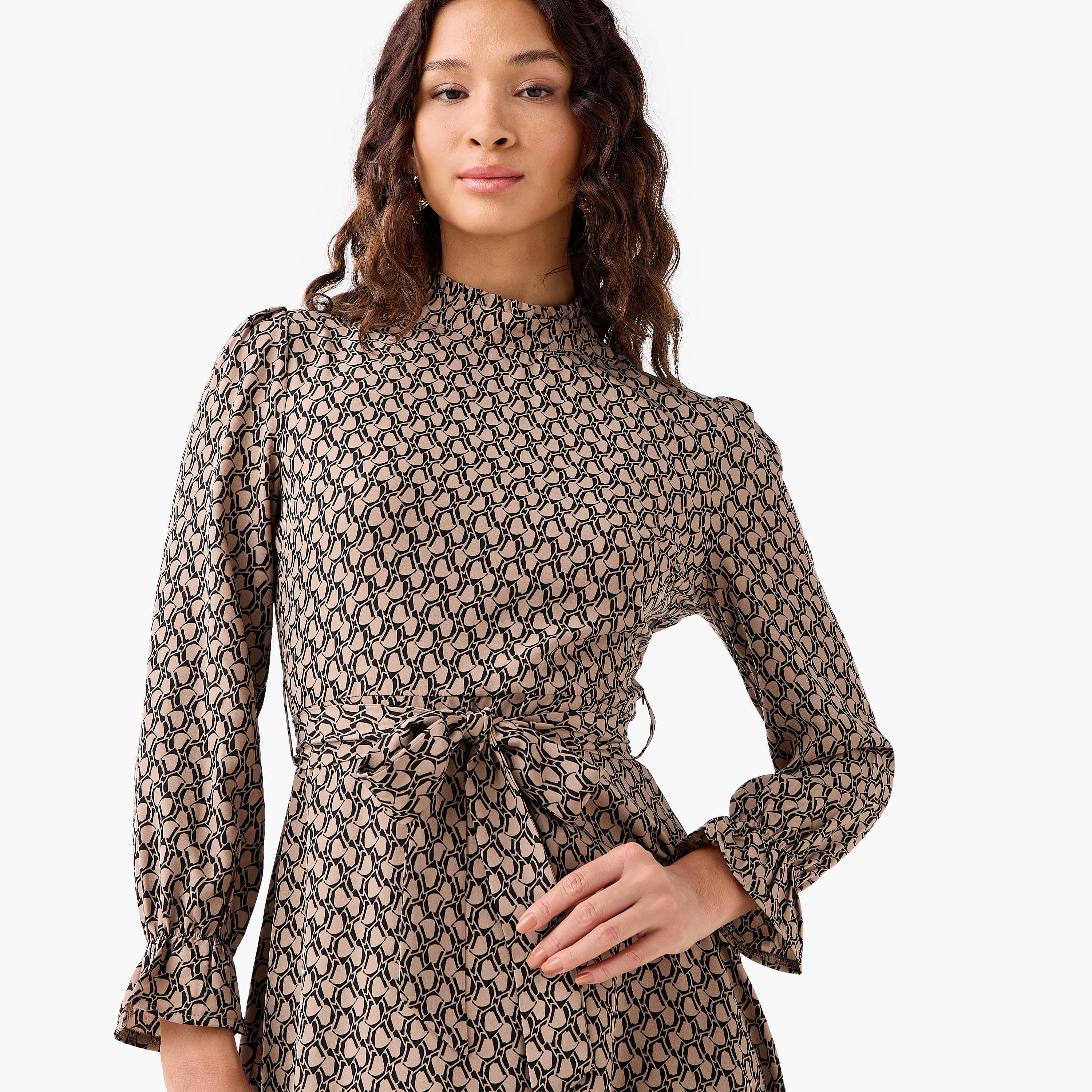 Abstract Print Mini Dress with High Neck and Tie-Up Belt-women-clothing-dresses-image-5