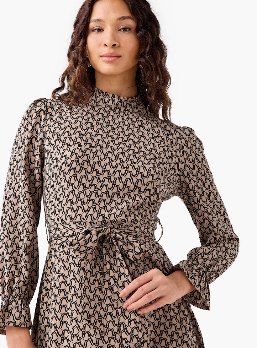 Abstract Print Mini Dress with High Neck and Tie-Up Belt-women-clothing-dresses-image-5