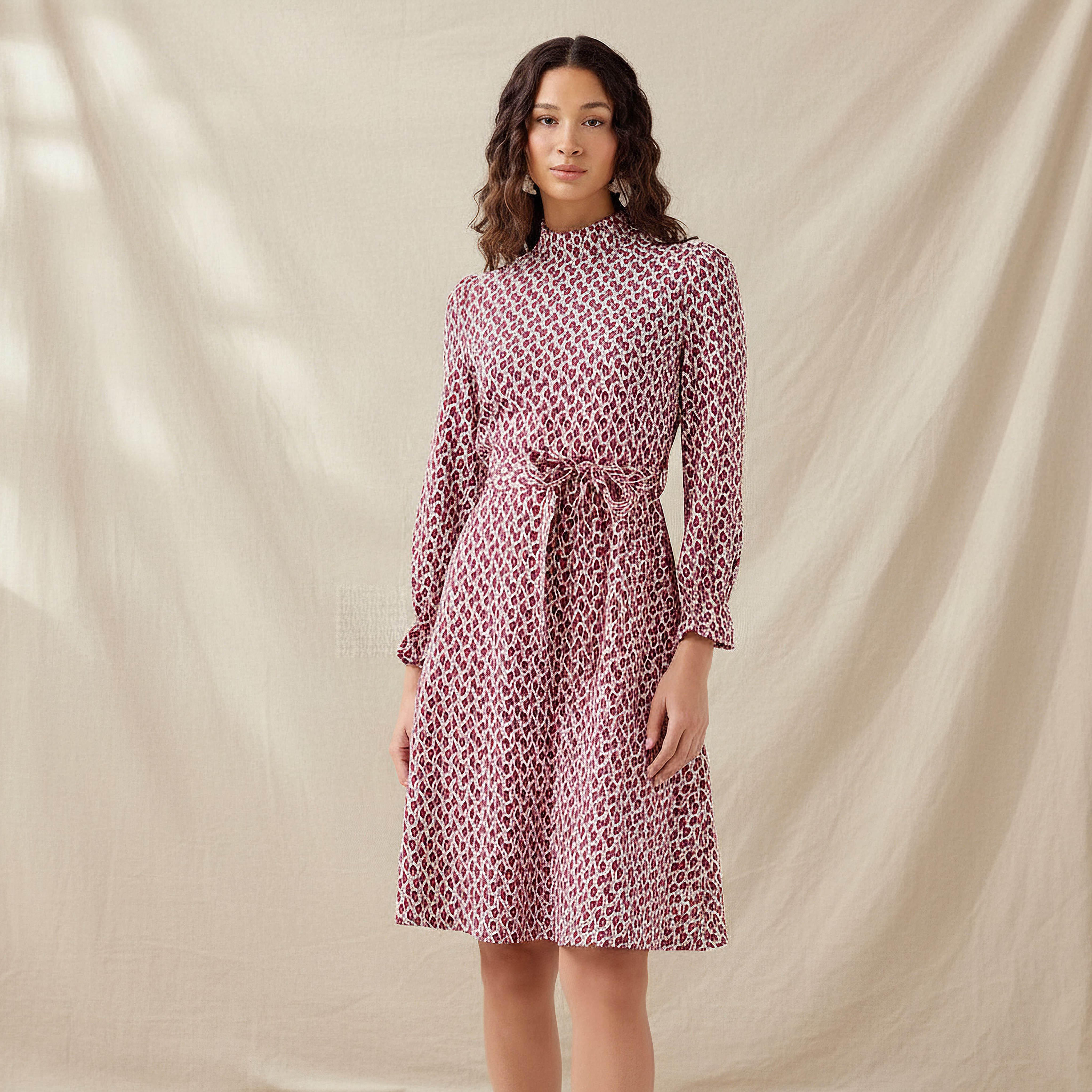 Abstract Print Mini Dress with High Neck and Tie-Up Belt-women-clothing-dresses-image-1