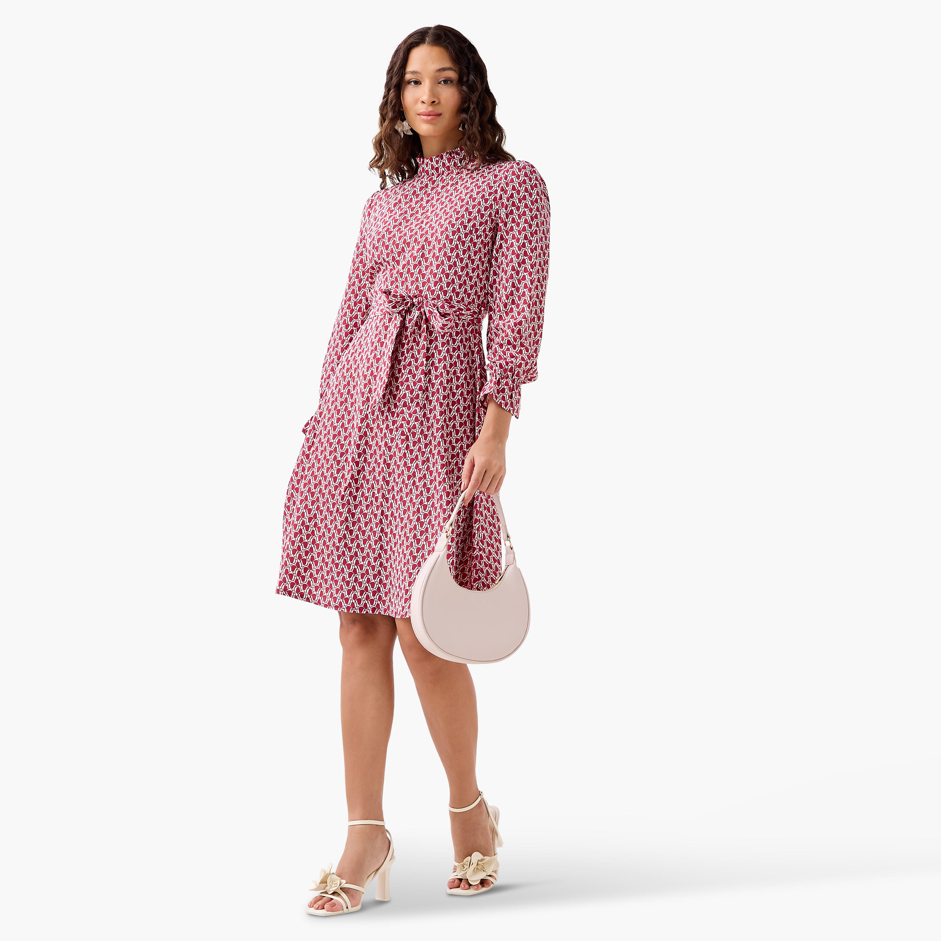 Abstract Print Mini Dress with High Neck and Tie-Up Belt-women-clothing-dresses-image-2