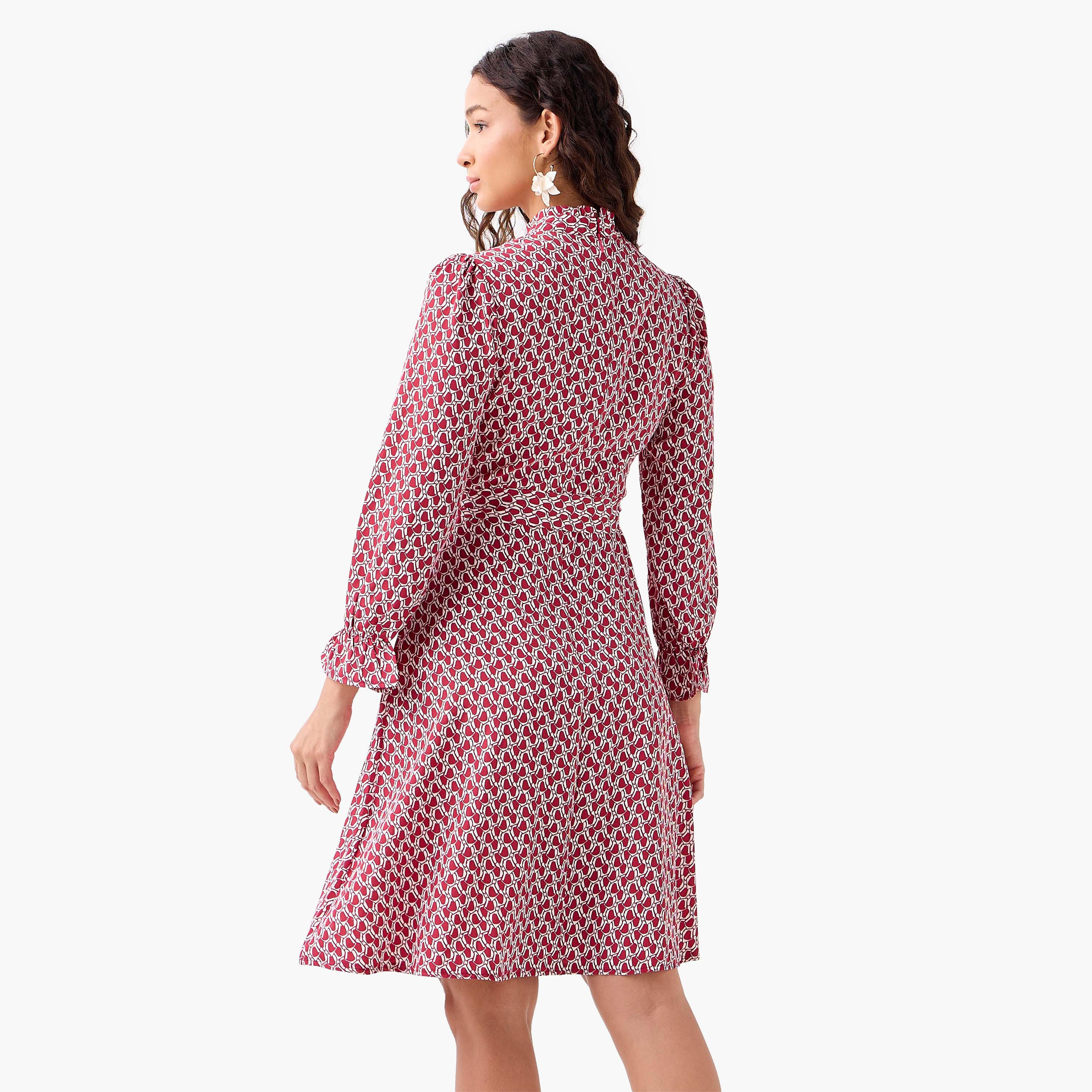 Abstract Print Mini Dress with High Neck and Tie-Up Belt-women-clothing-dresses-image-3