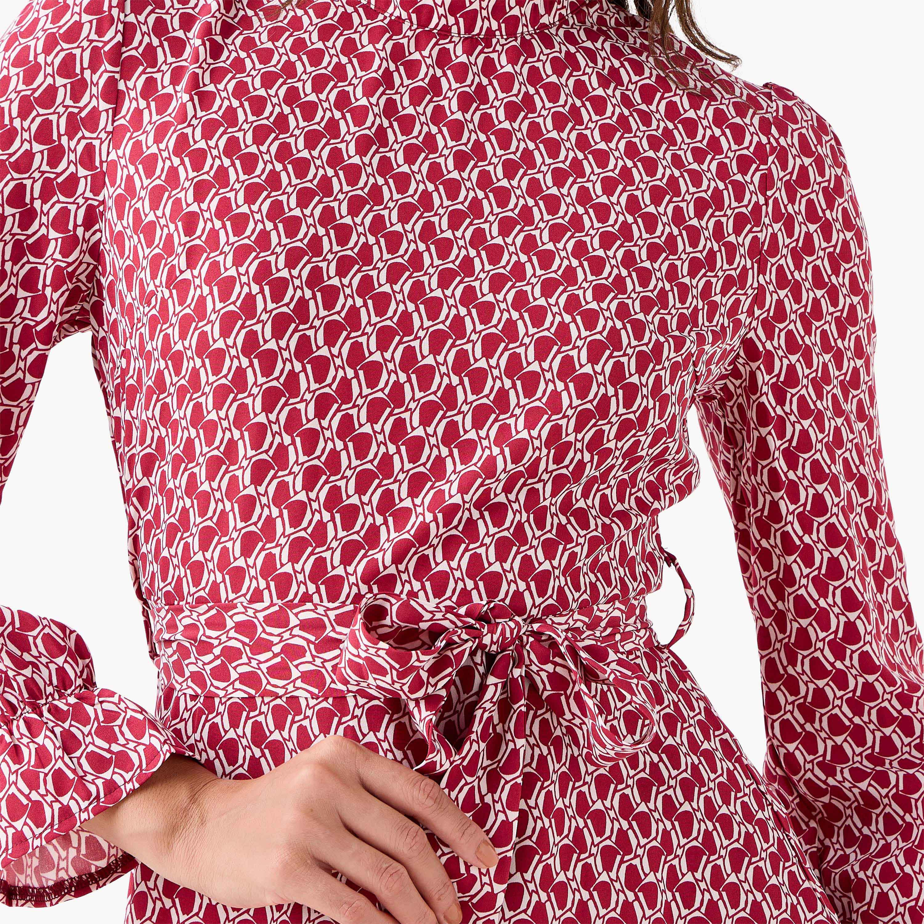 Abstract Print Mini Dress with High Neck and Tie-Up Belt-women-clothing-dresses-image-4