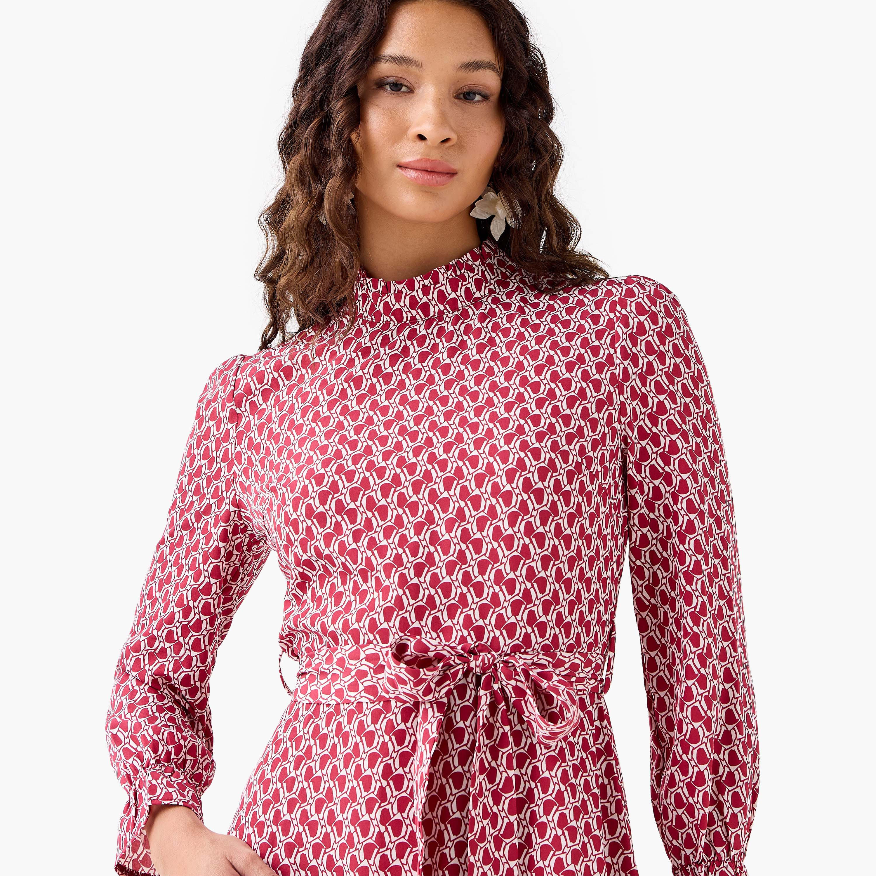 Abstract Print Mini Dress with High Neck and Tie-Up Belt-women-clothing-dresses-image-5