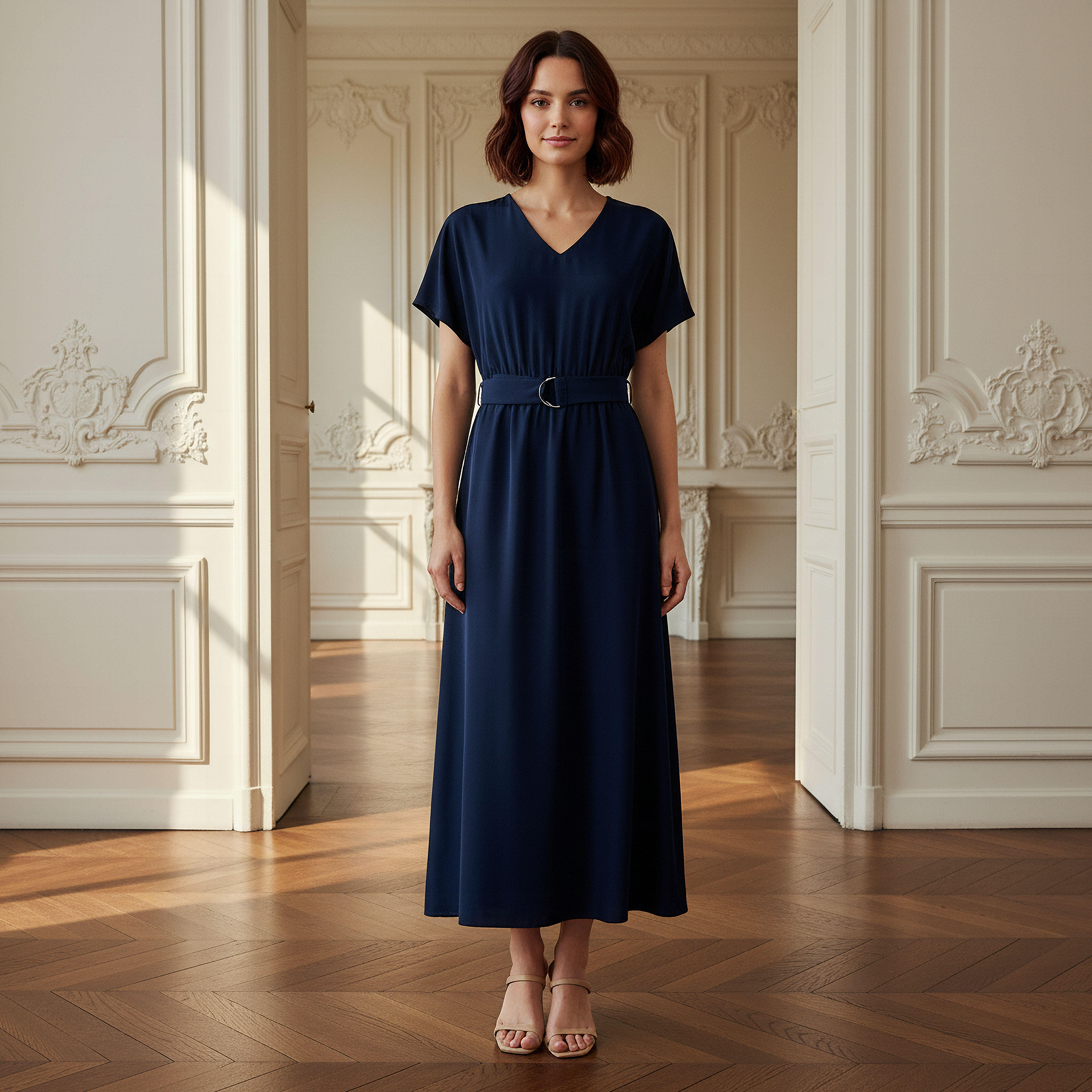 فستان ميدي بحزام وأكمام قصيرة وياقة حرف V-women-clothing-dresses-image-1