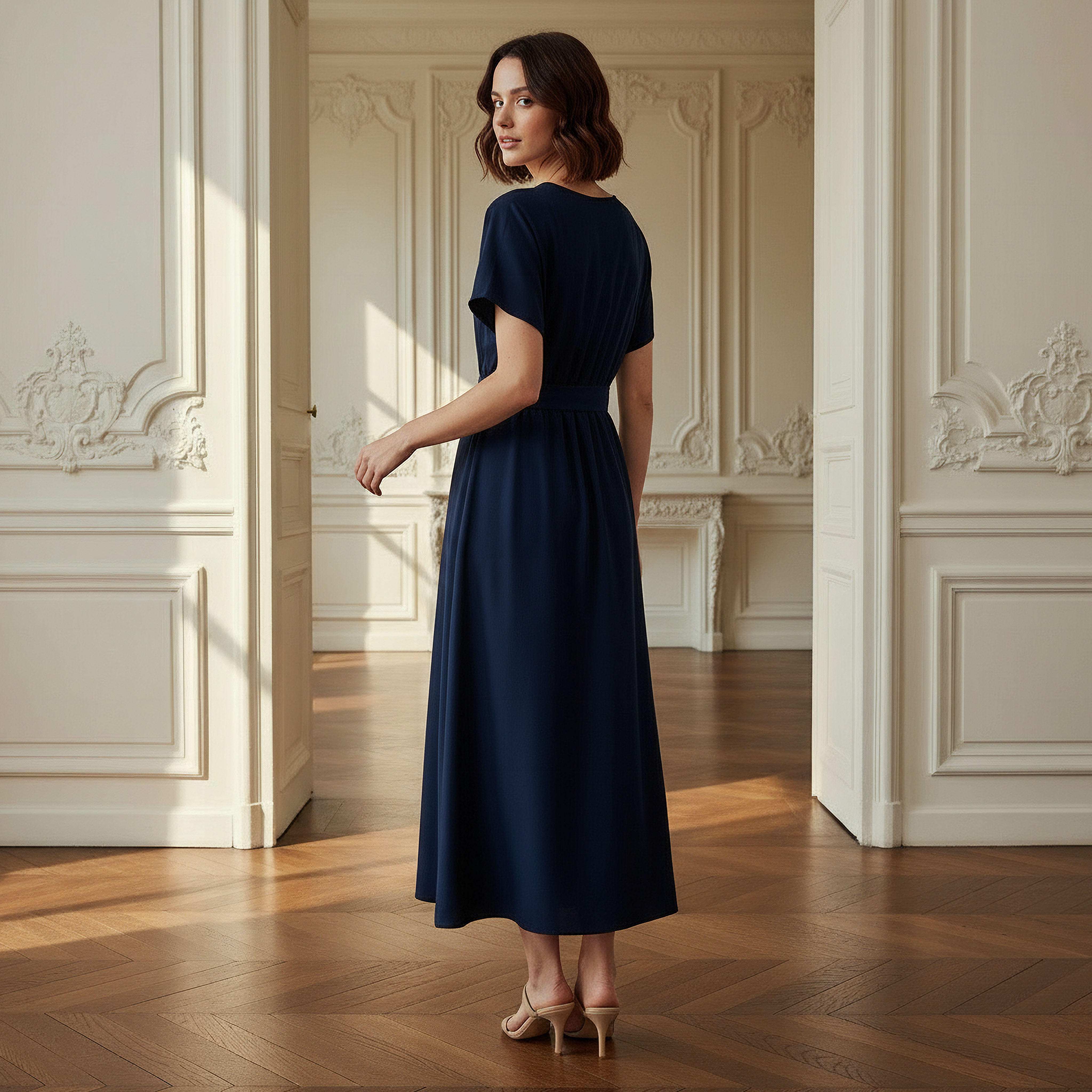 فستان ميدي بحزام وأكمام قصيرة وياقة حرف V-women-clothing-dresses-image-3