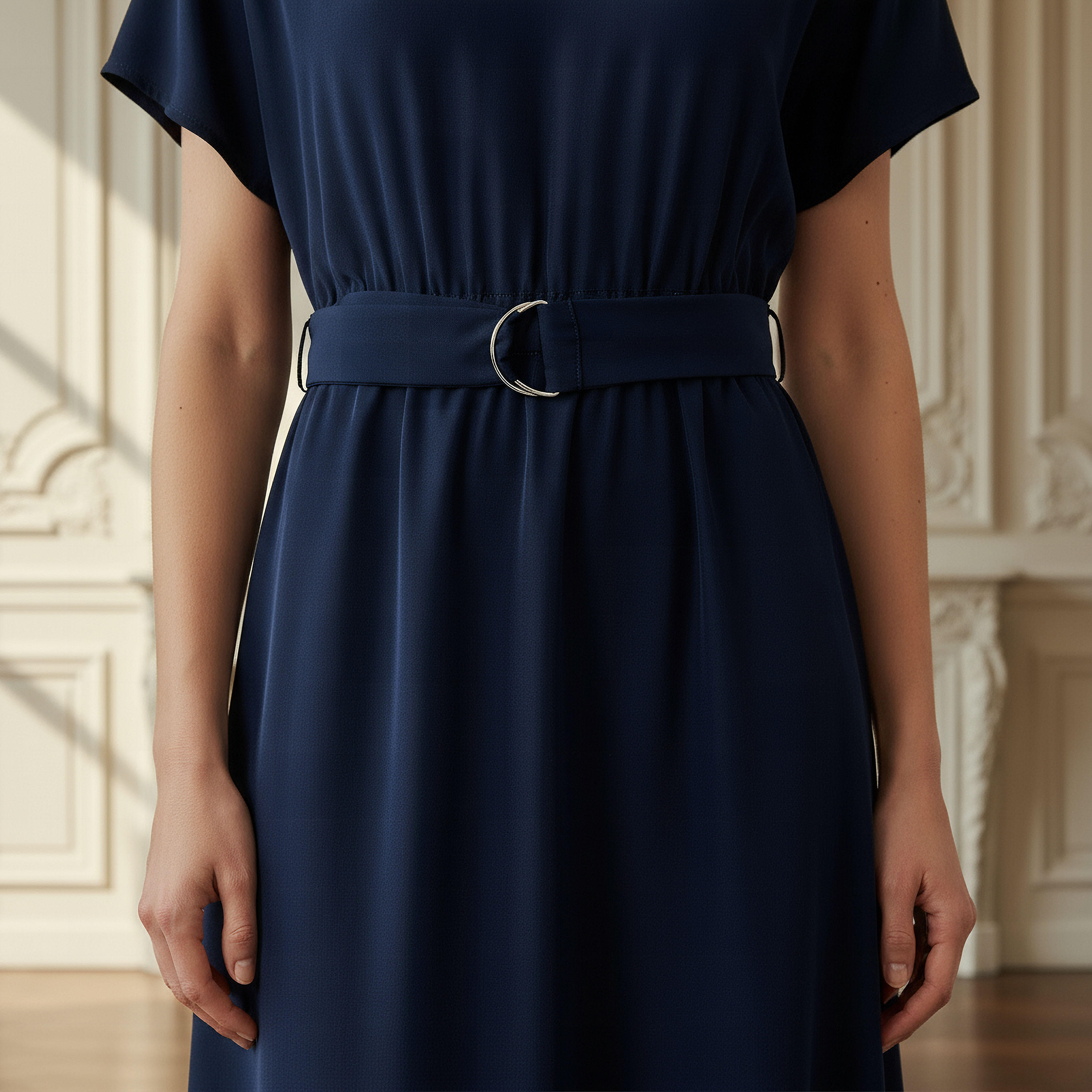 فستان ميدي بحزام وأكمام قصيرة وياقة حرف V-women-clothing-dresses-image-4