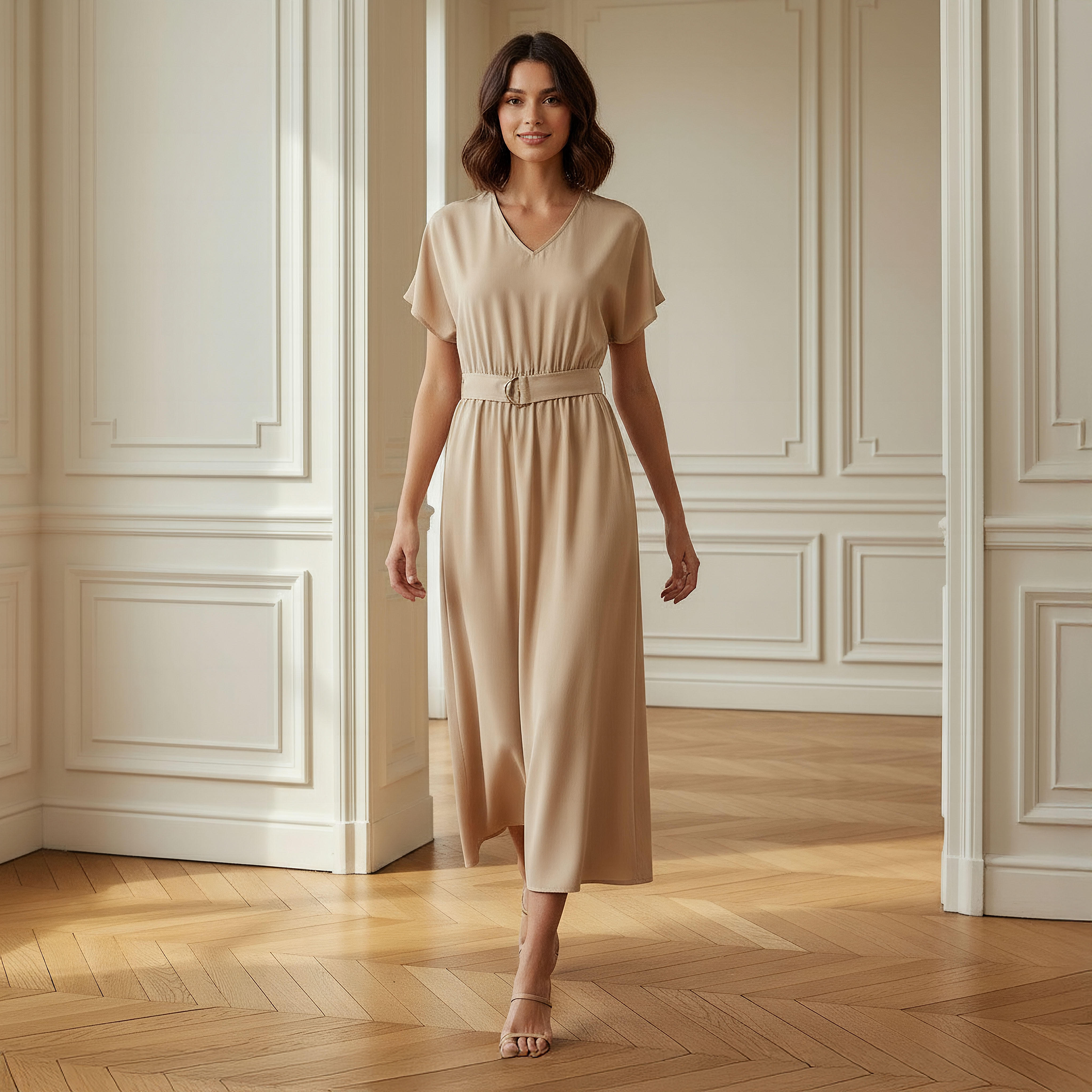 فستان ميدي بحزام وأكمام قصيرة وياقة حرف V-women-clothing-dresses-image-1