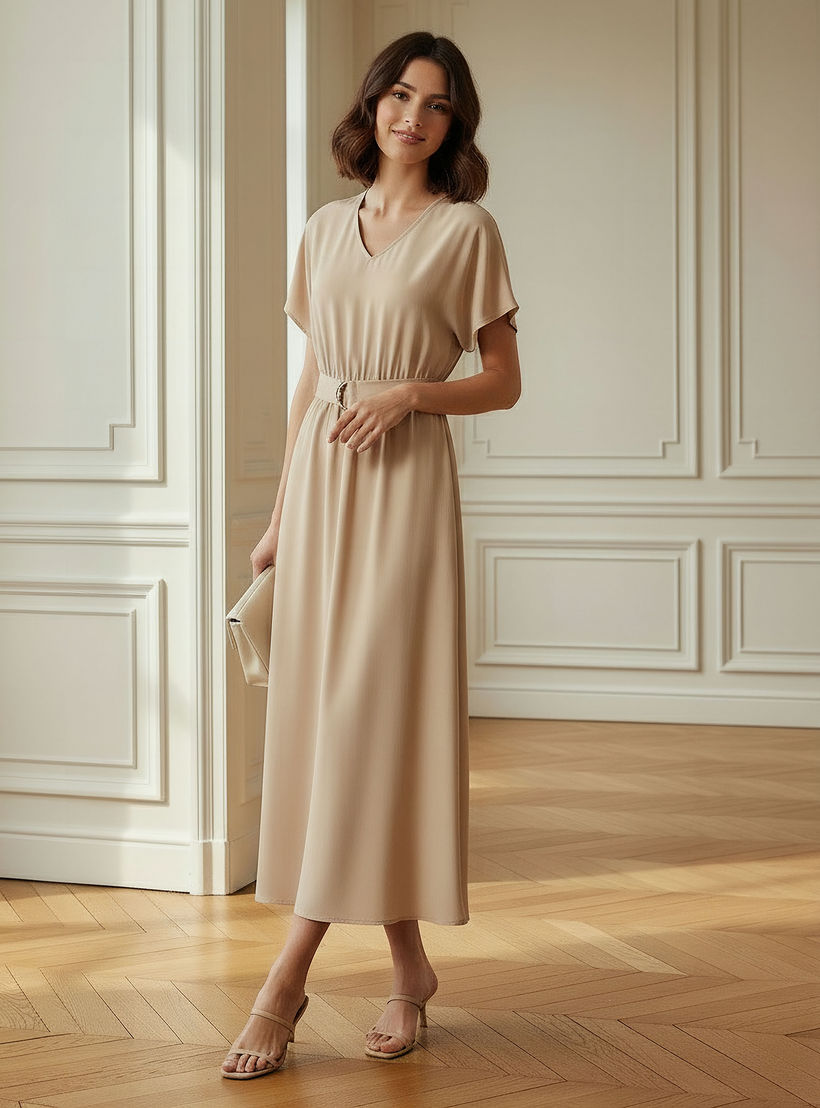 فستان ميدي بحزام وأكمام قصيرة وياقة حرف V-women-clothing-dresses-image-2
