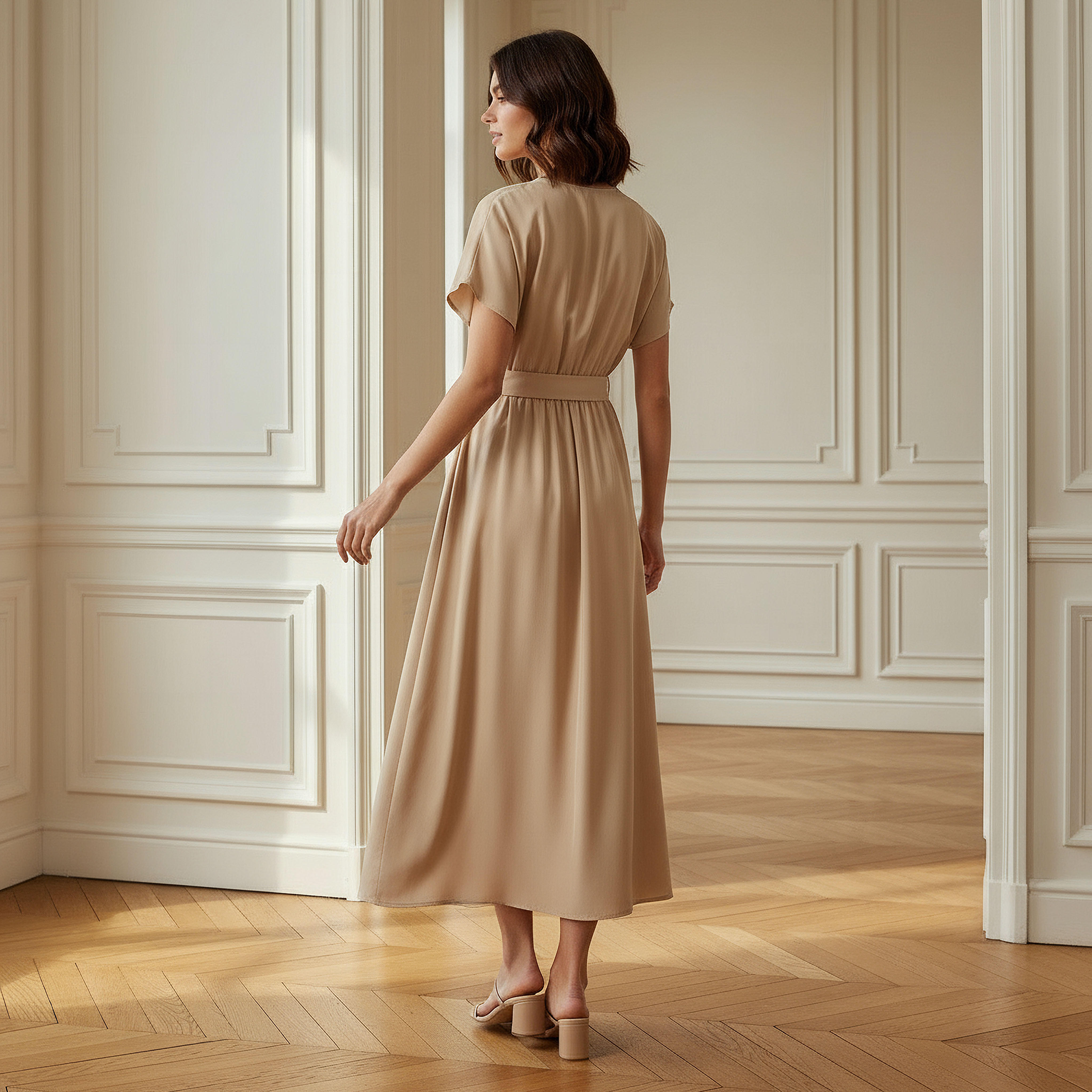 فستان ميدي بحزام وأكمام قصيرة وياقة حرف V-women-clothing-dresses-image-3