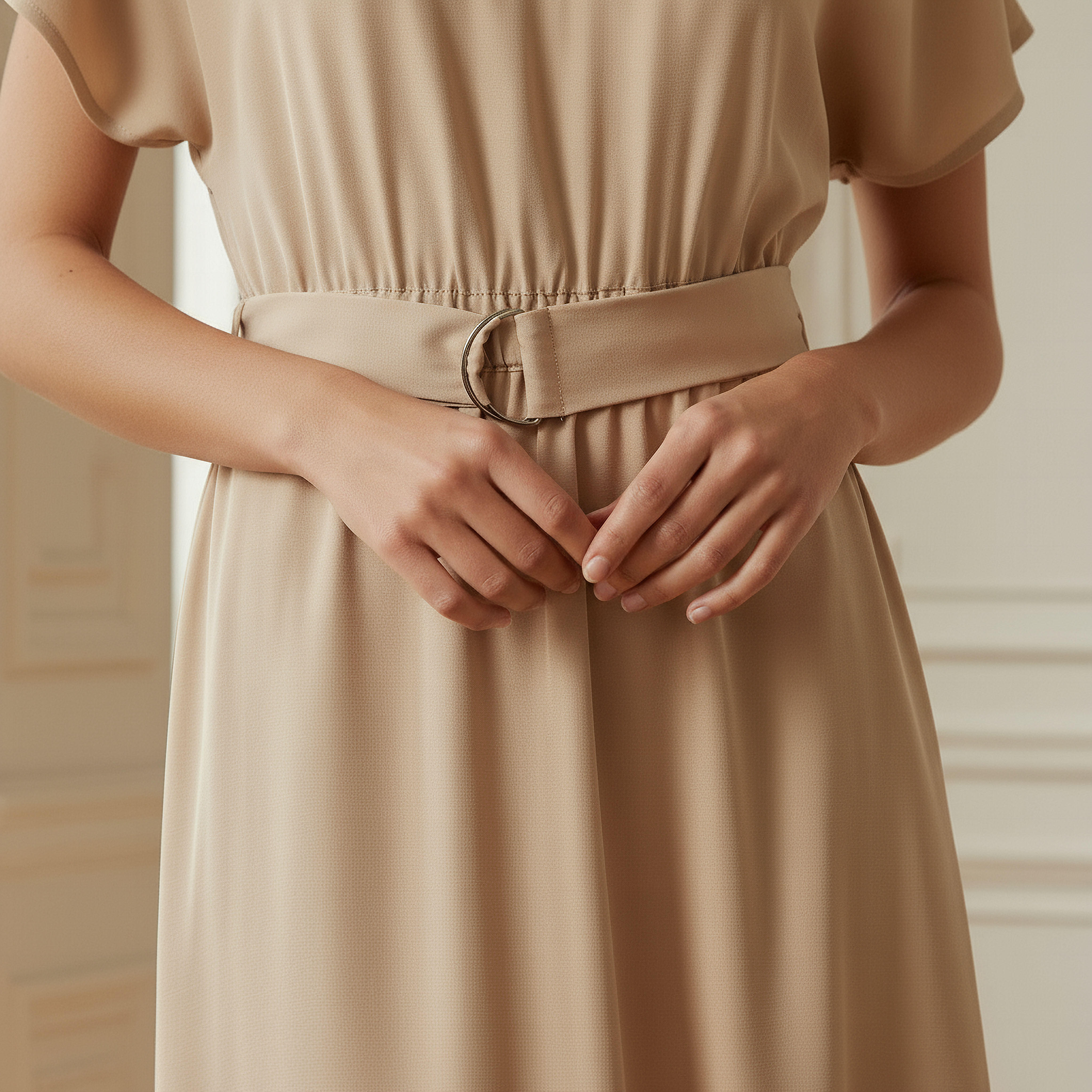 فستان ميدي بحزام وأكمام قصيرة وياقة حرف V-women-clothing-dresses-image-4