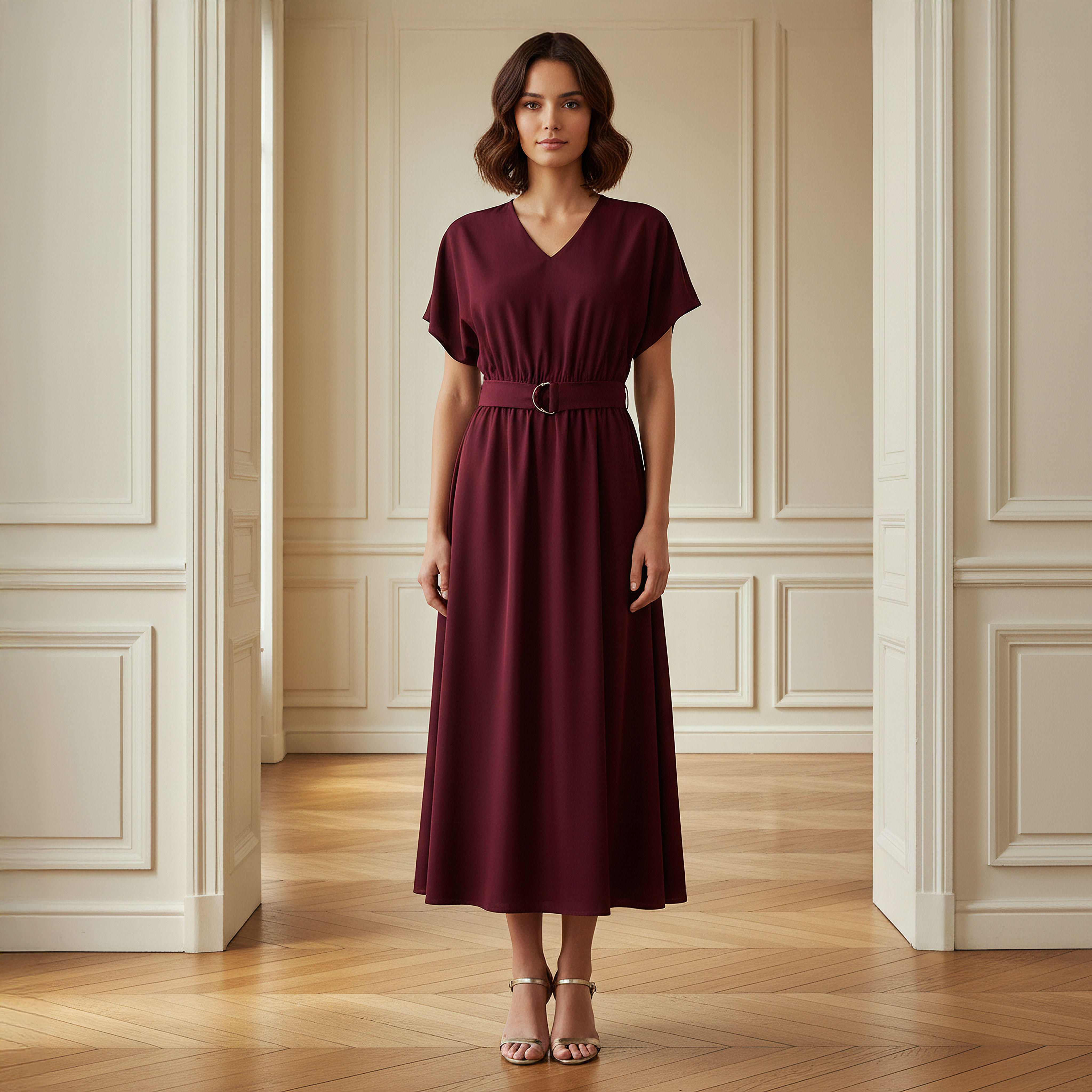 فستان ميدي بحزام وأكمام قصيرة وياقة حرف V-women-clothing-dresses-image-1