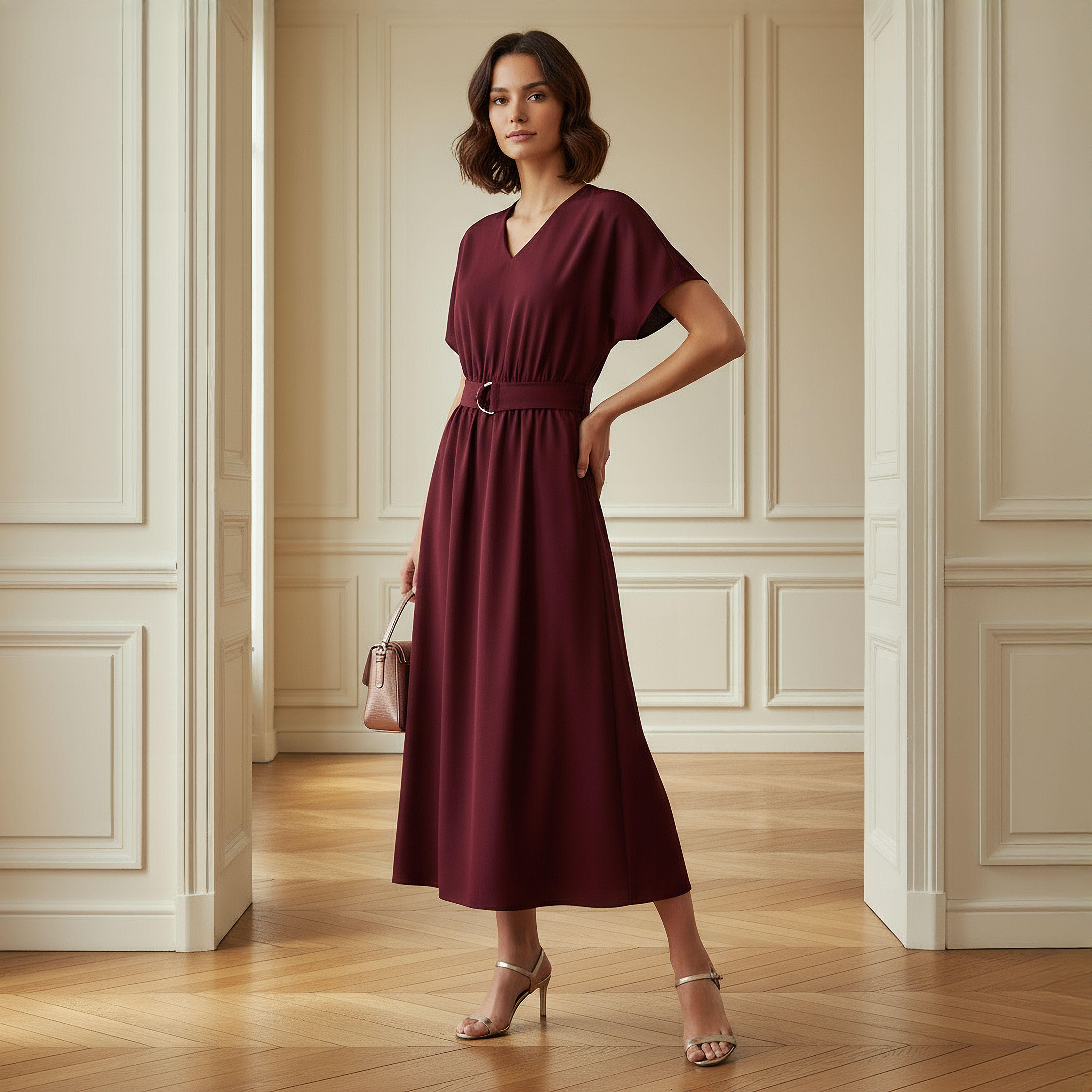 Belted Midi Dress with Short Sleeves and V-neck-women-clothing-dresses-image-2