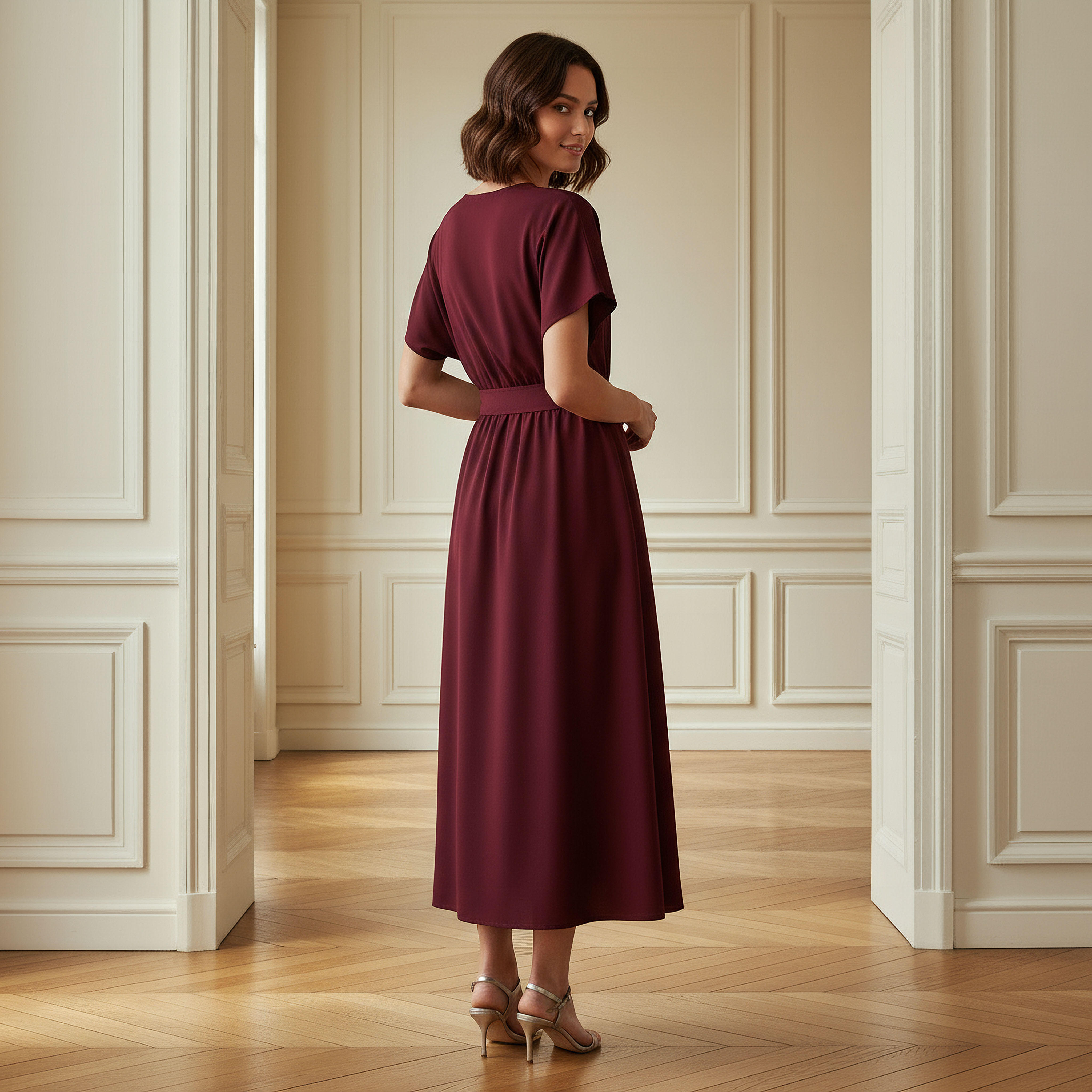 Belted Midi Dress with Short Sleeves and V-neck-women-clothing-dresses-image-3