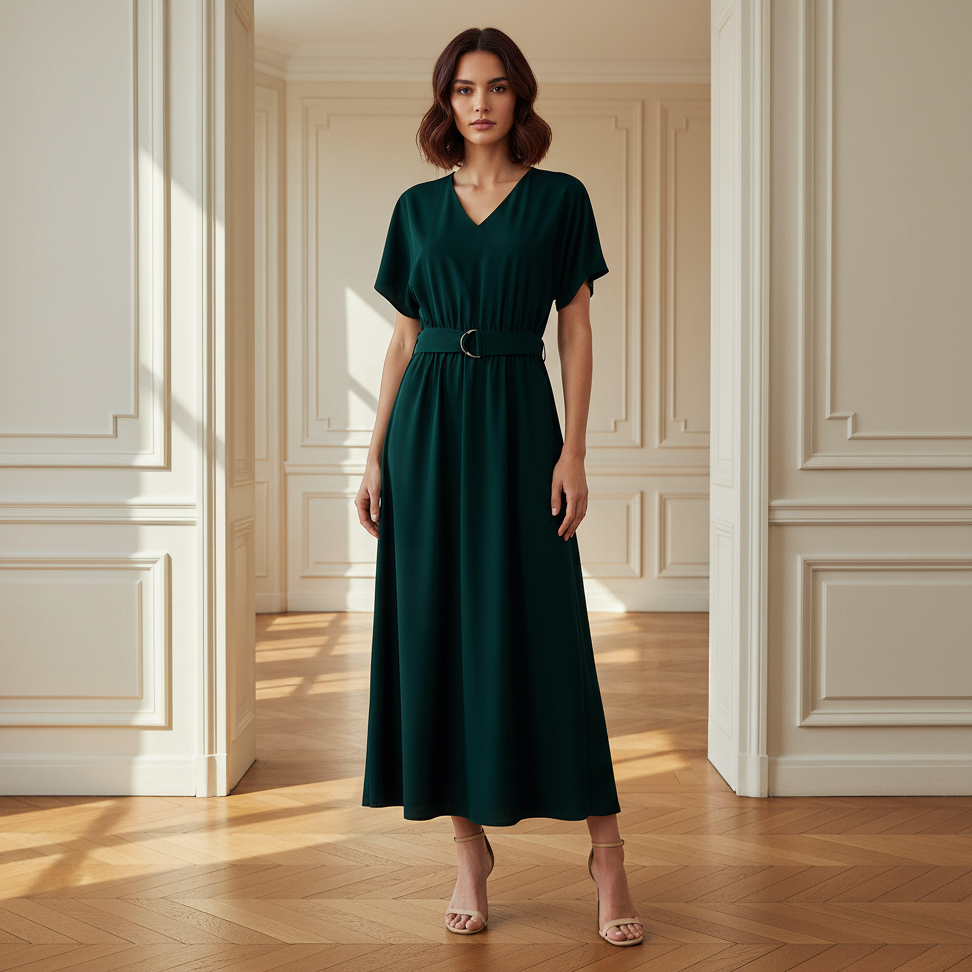 Belted Midi Dress with Short Sleeves and V-neck-women-clothing-dresses-image-1