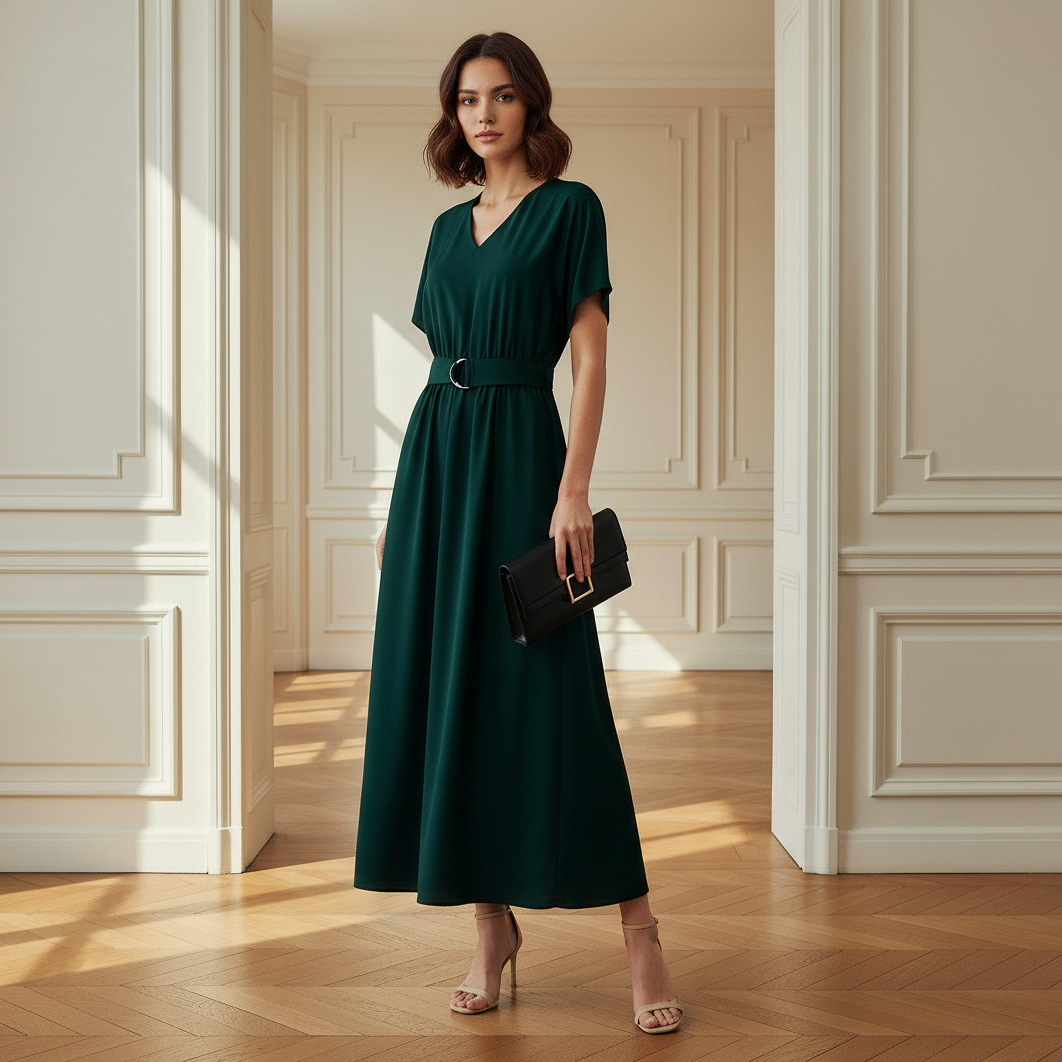 Belted Midi Dress with Short Sleeves and V-neck-women-clothing-dresses-image-2