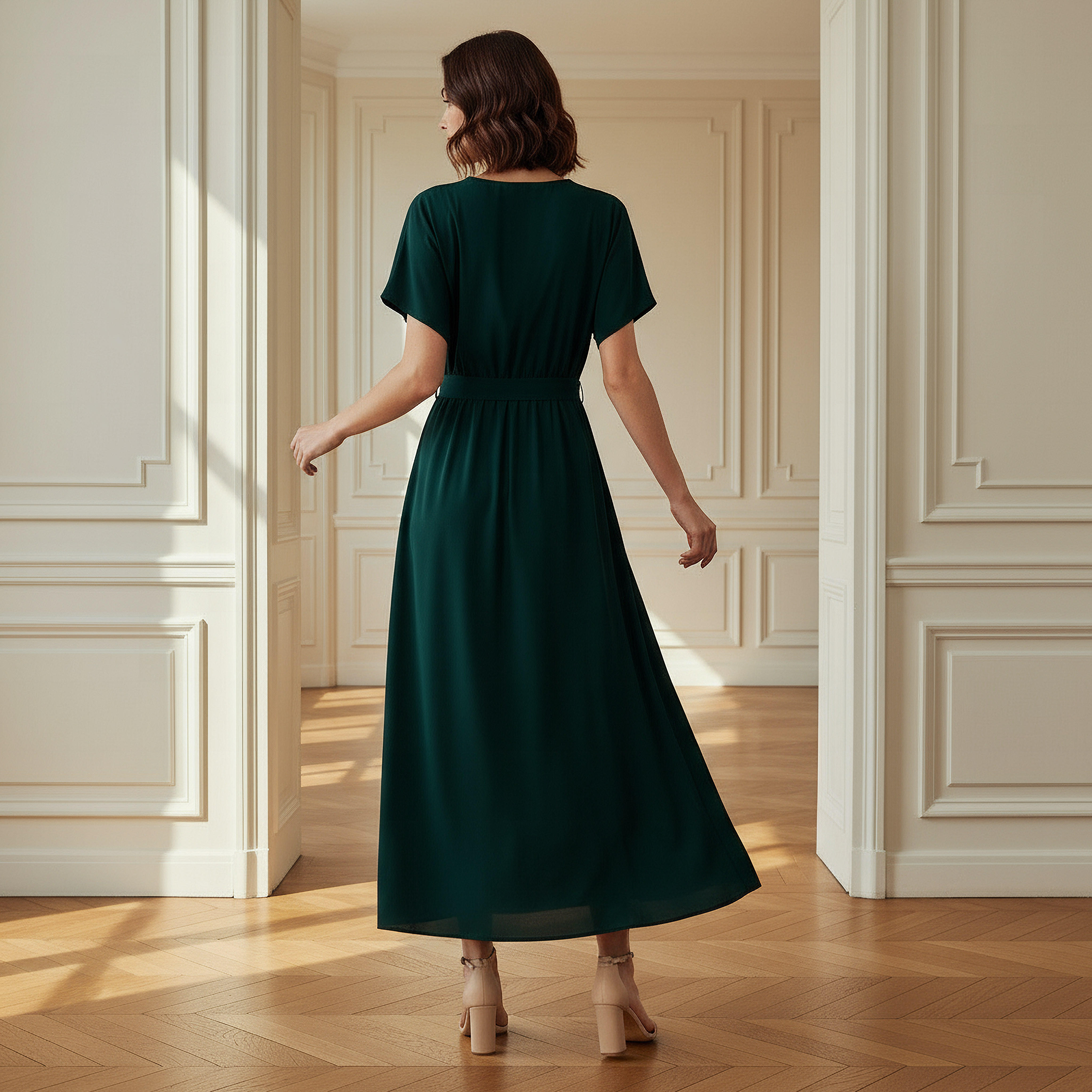 Belted Midi Dress with Short Sleeves and V-neck-women-clothing-dresses-image-3