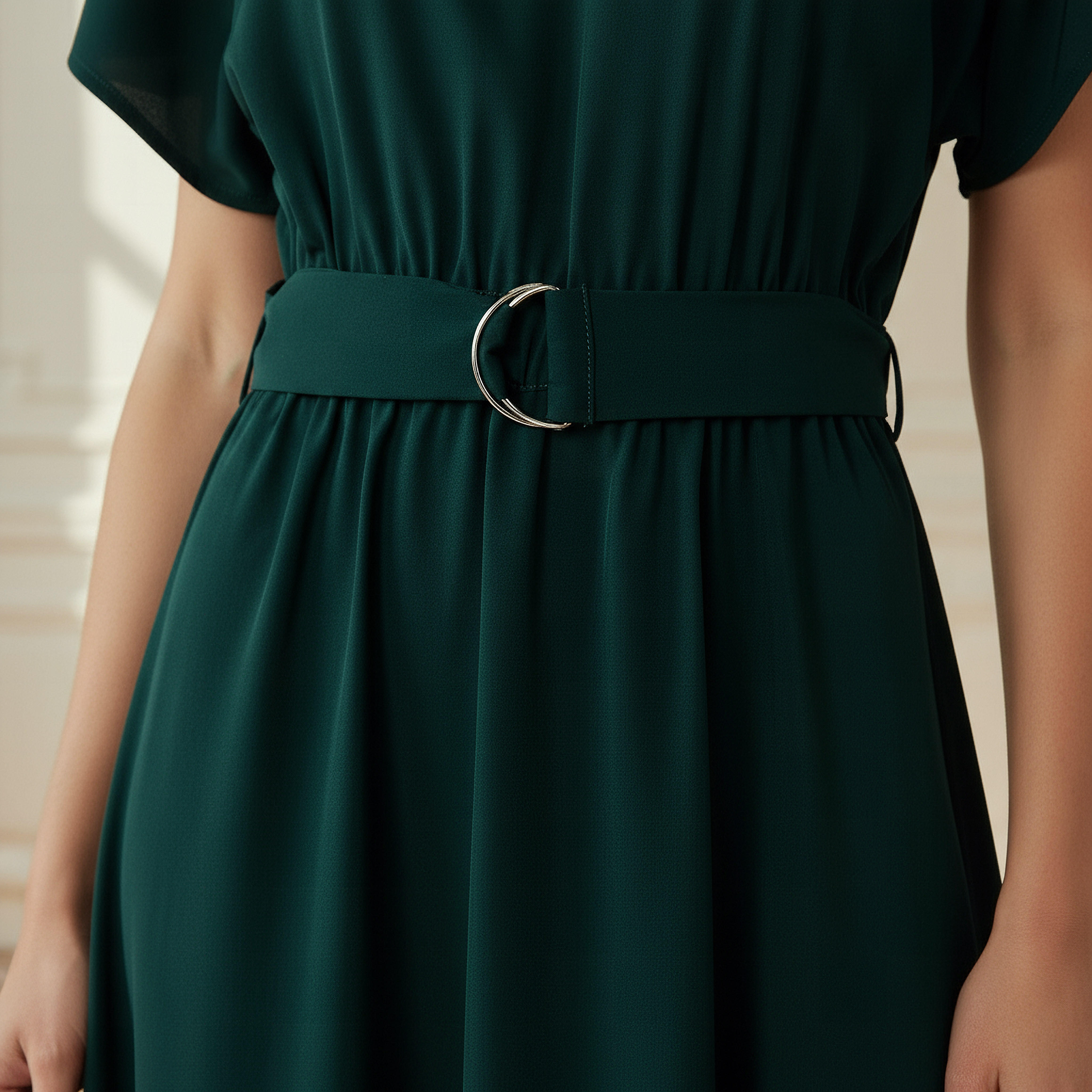 Belted Midi Dress with Short Sleeves and V-neck-women-clothing-dresses-image-4