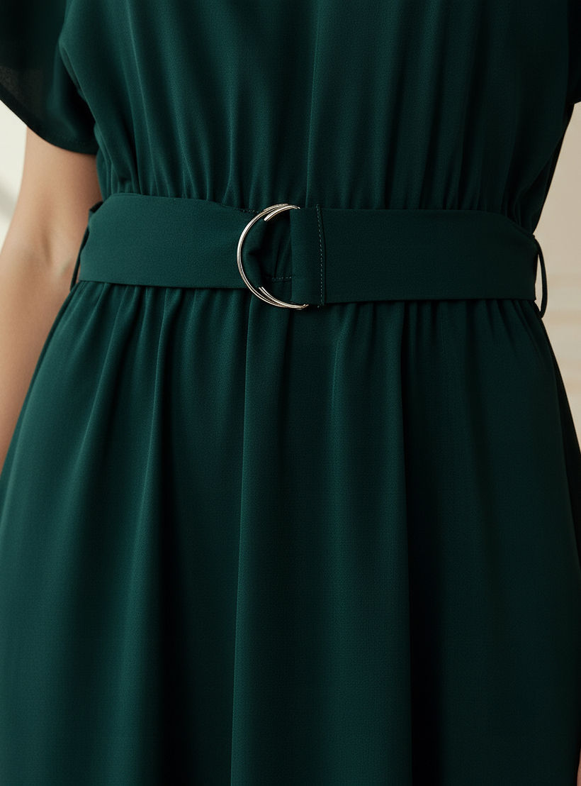 فستان ميدي بحزام وأكمام قصيرة وياقة حرف V-women-clothing-dresses-image-4