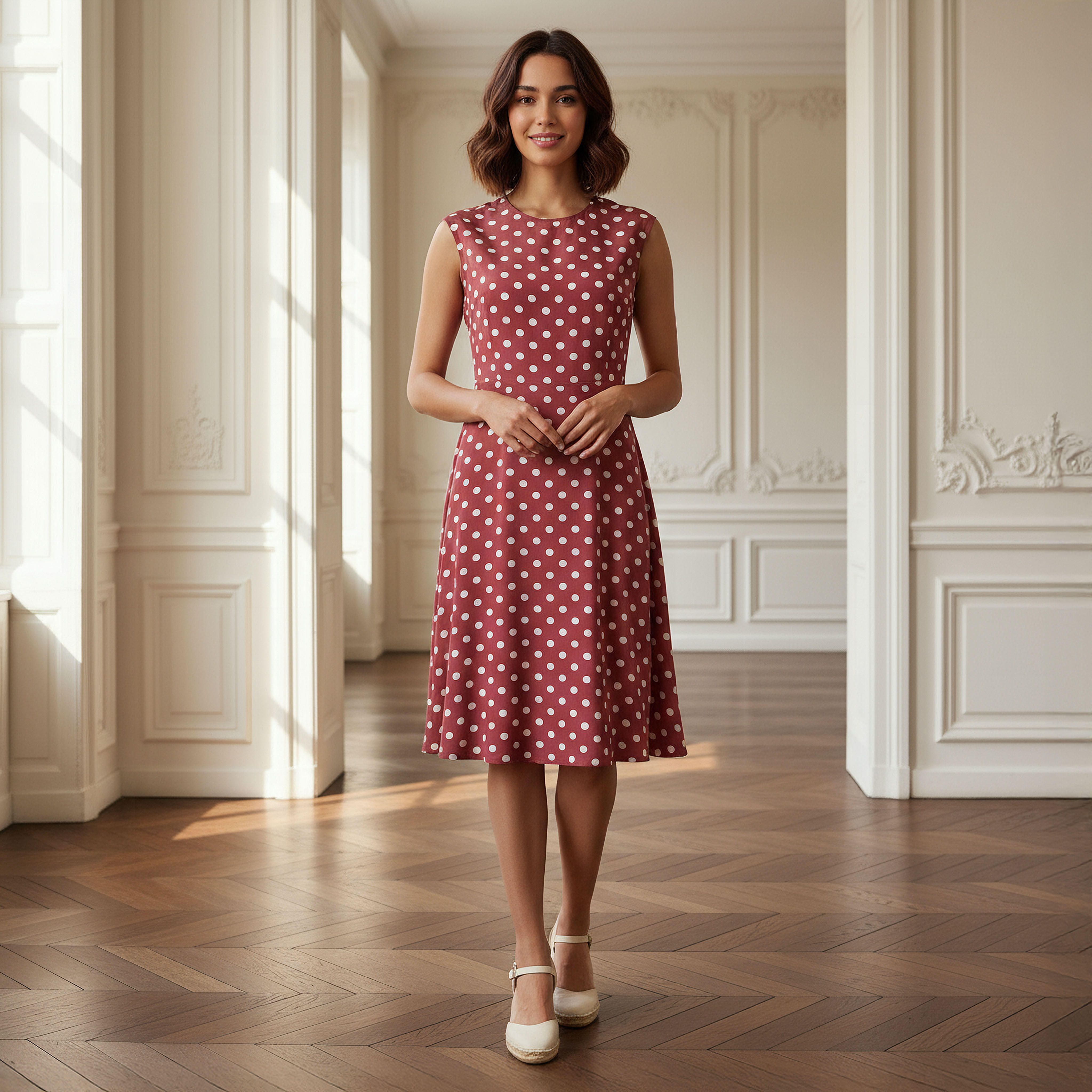 فستان قصير بدون أكمام بطبعات منقطة وياقة ضيقة-women-clothing-dresses-image-1