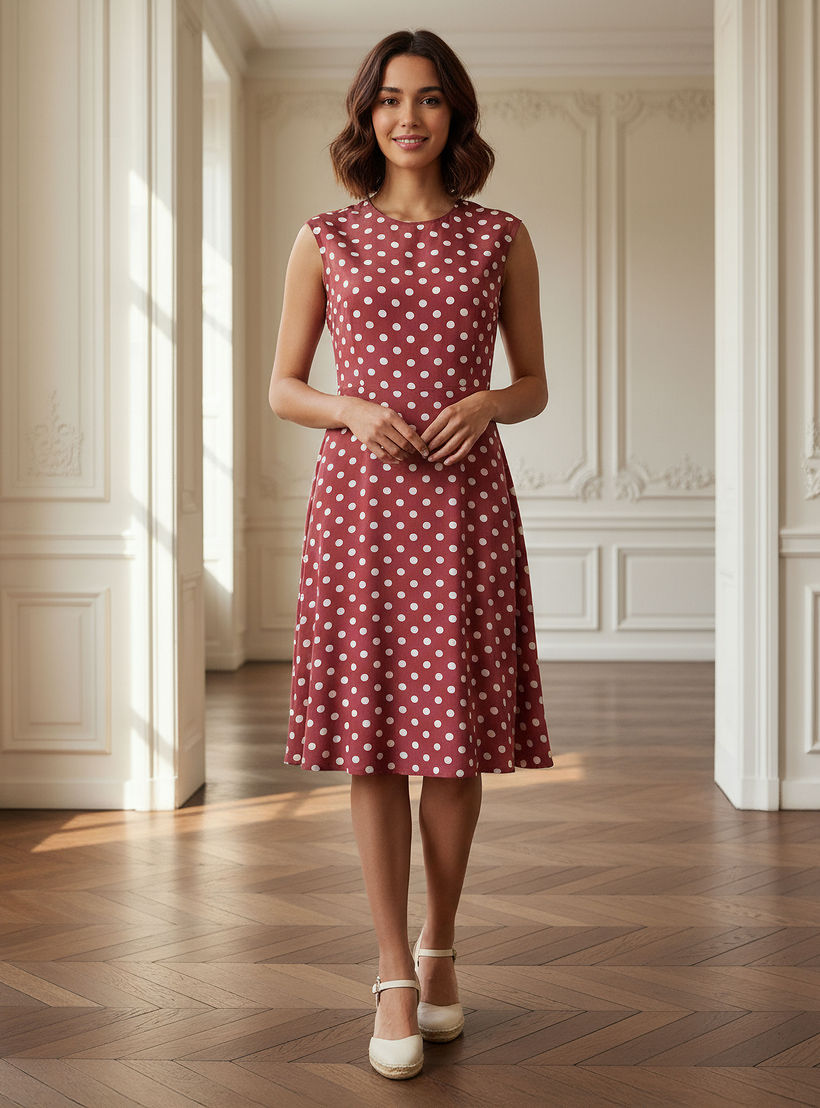 فستان قصير بدون أكمام بطبعات منقطة وياقة ضيقة-women-clothing-dresses-image-1