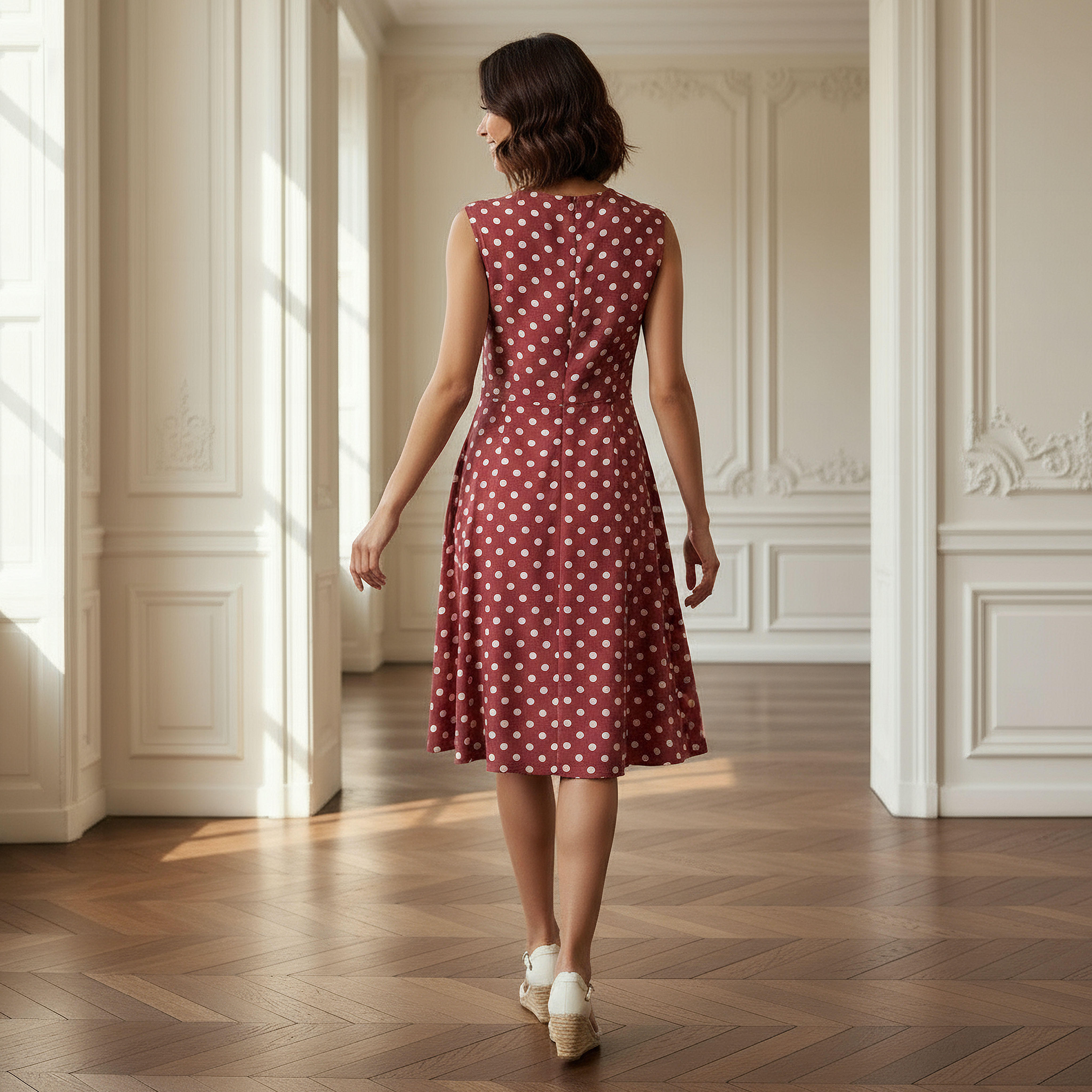 فستان قصير بدون أكمام بطبعات منقطة وياقة ضيقة-women-clothing-dresses-image-3