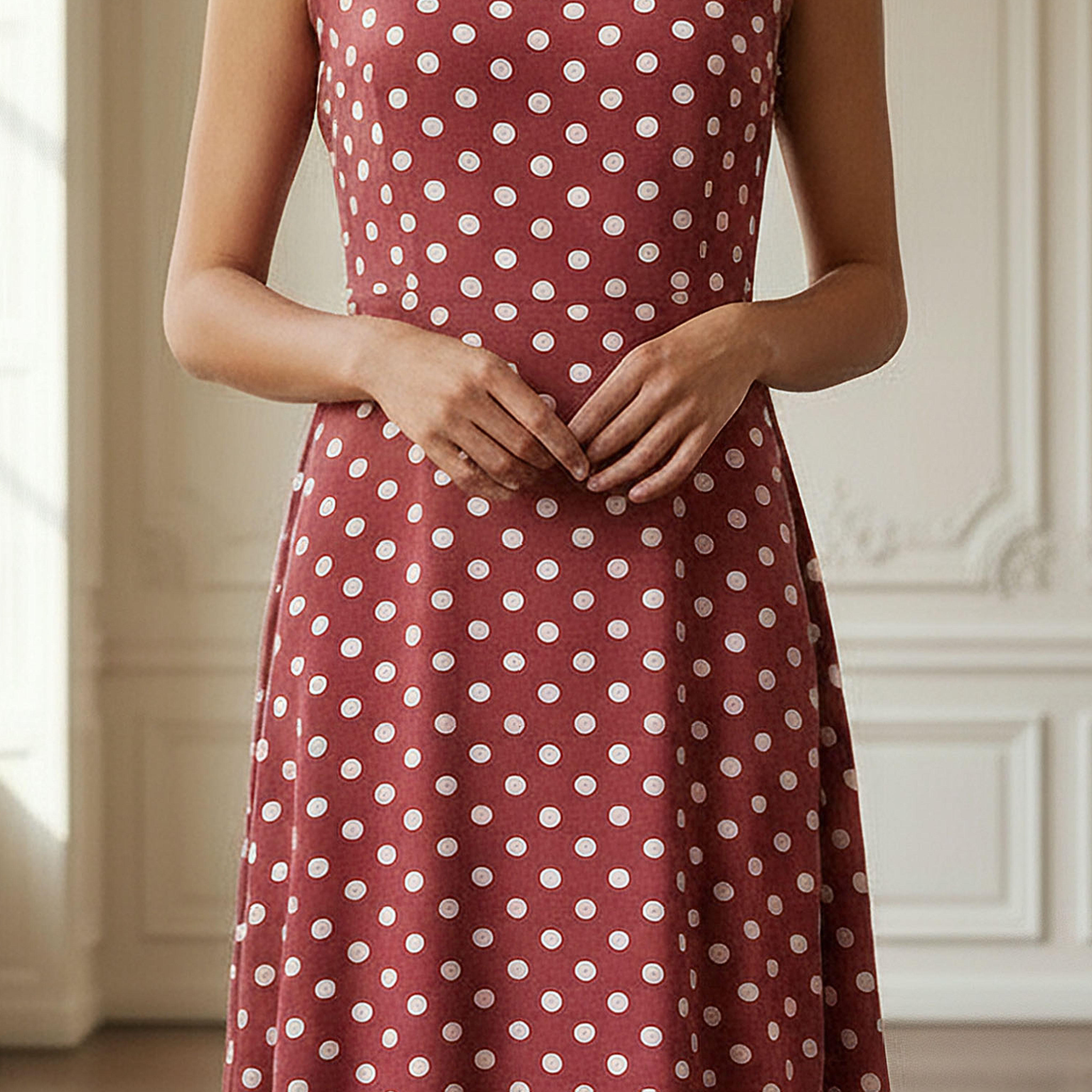 Polka Dot Print Sleeveless Knee length Dress with Crew Neck-women-clothing-dresses-image-4