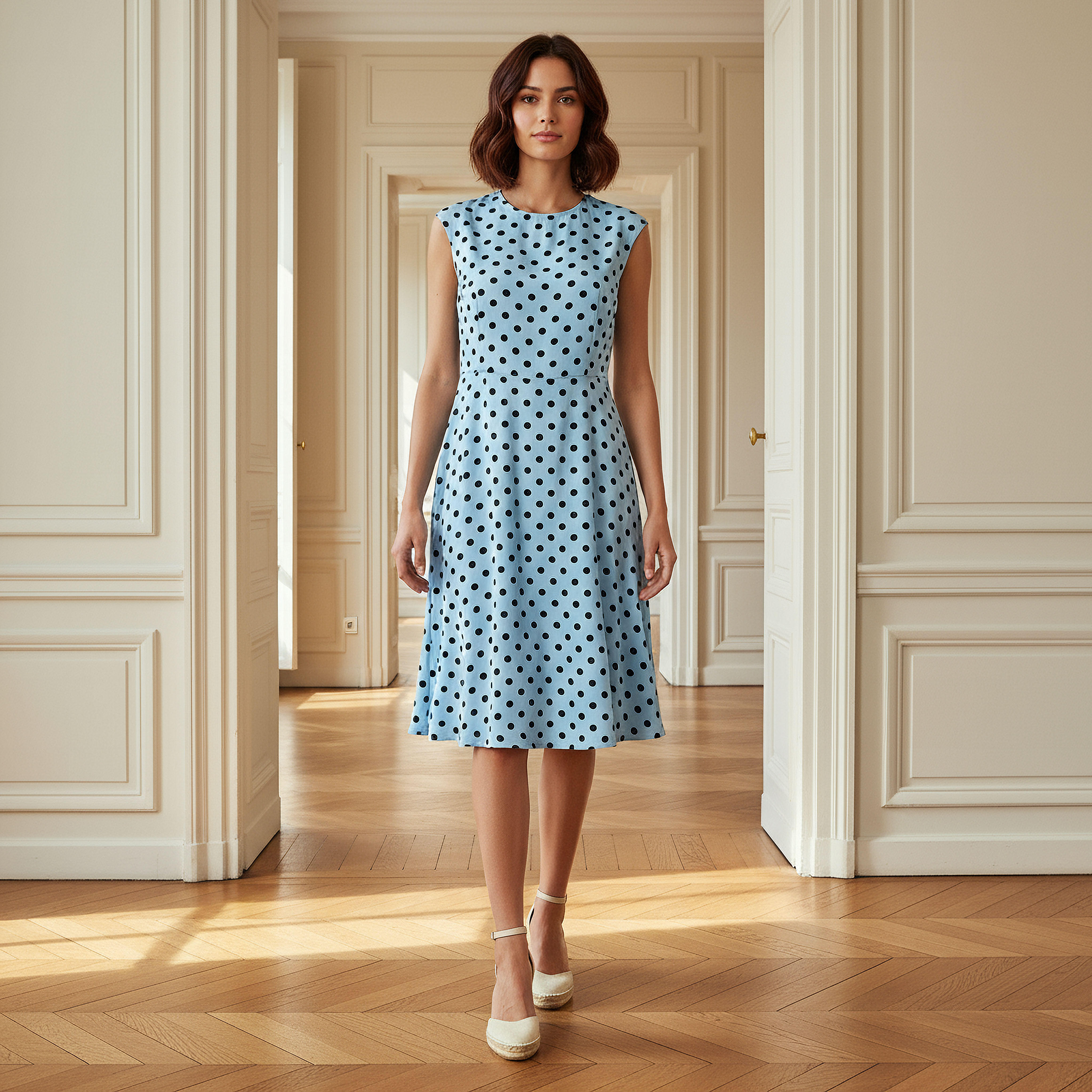 فستان قصير بدون أكمام بطبعات منقطة وياقة ضيقة-women-clothing-dresses-image-1
