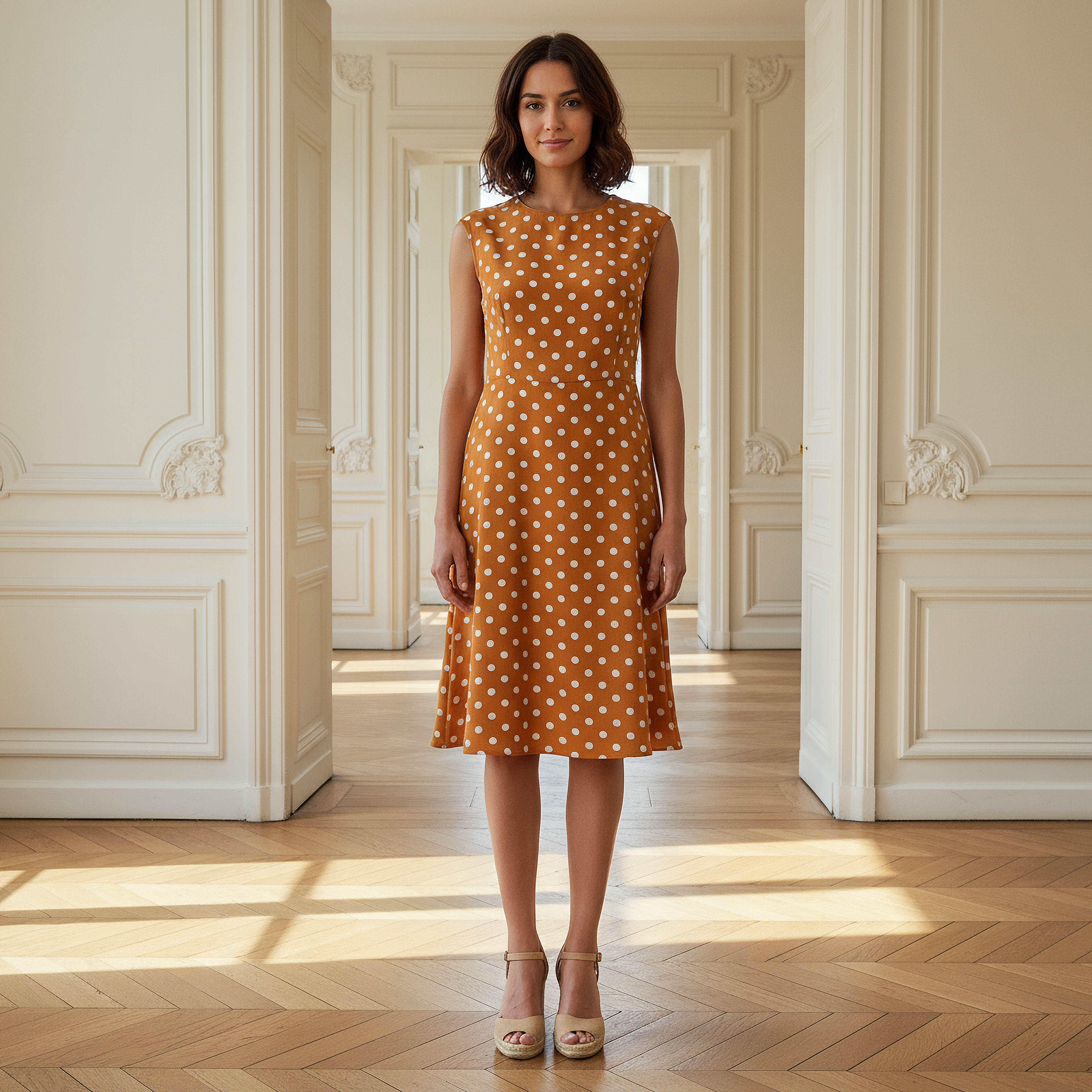 Polka Dot Print Sleeveless Knee length Dress with Crew Neck-women-clothing-dresses-image-1
