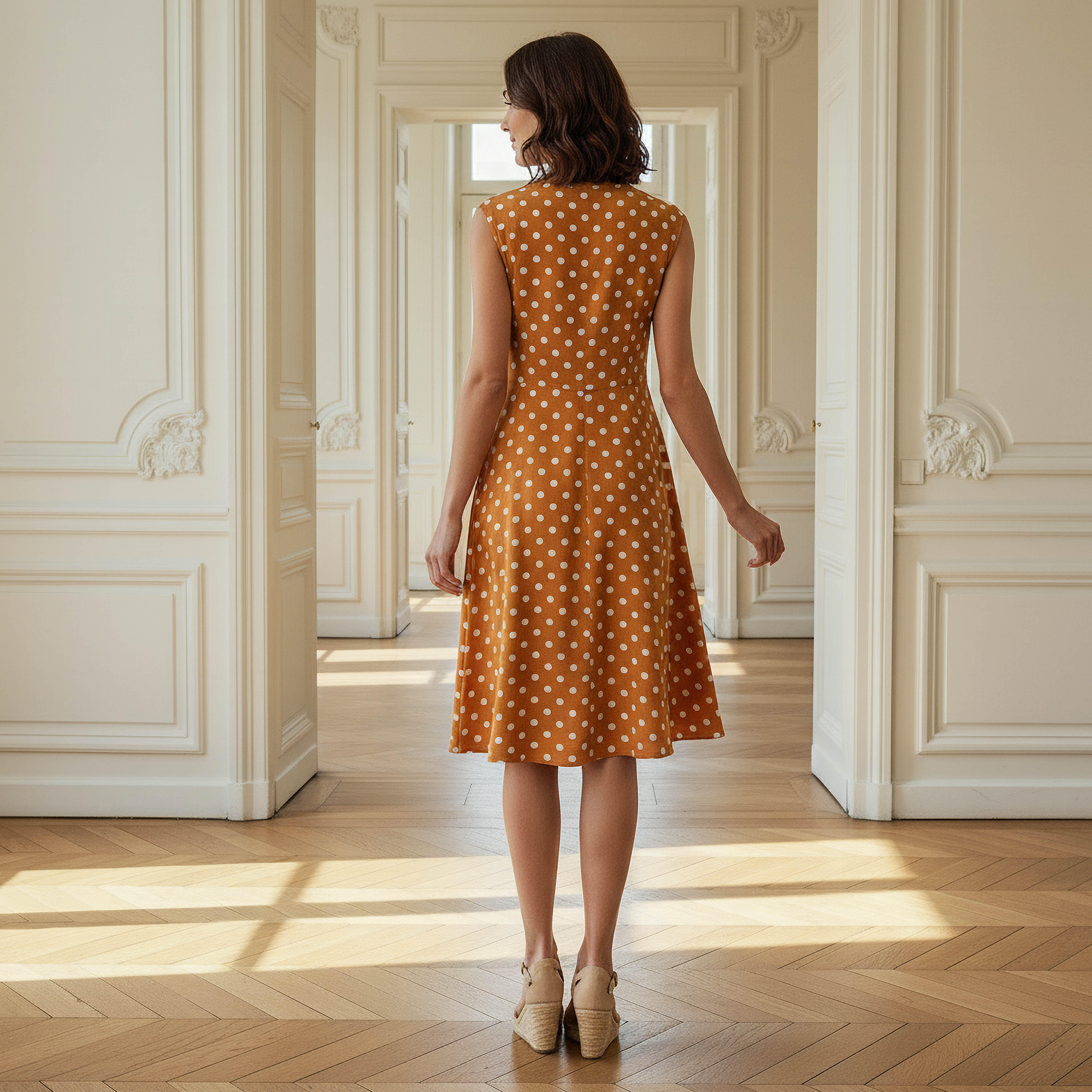 Polka Dot Print Sleeveless Knee length Dress with Crew Neck-women-clothing-dresses-image-3