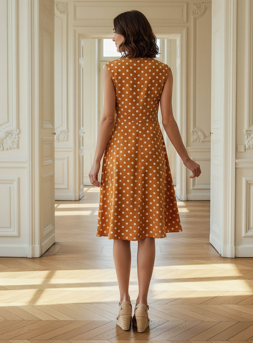 Polka Dot Print Sleeveless Knee length Dress with Crew Neck-women-clothing-dresses-image-3