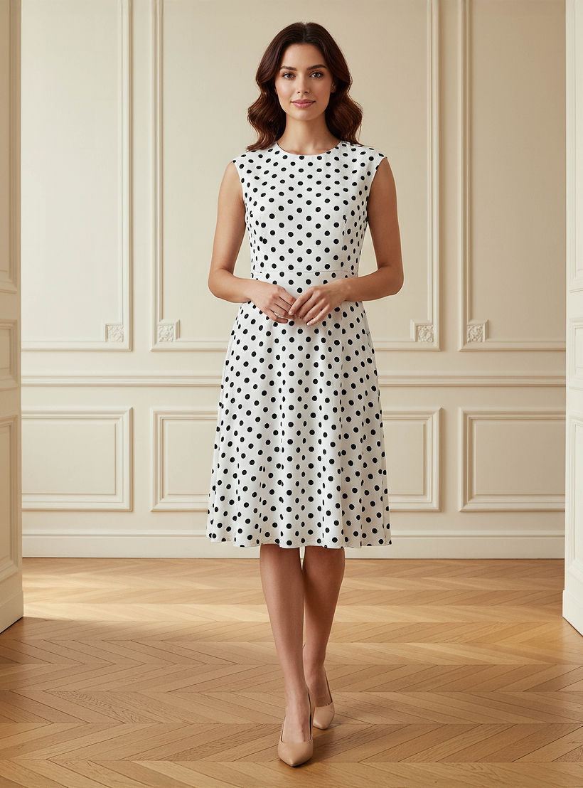 فستان قصير بدون أكمام بطبعات منقطة وياقة ضيقة-women-clothing-dresses-image-1