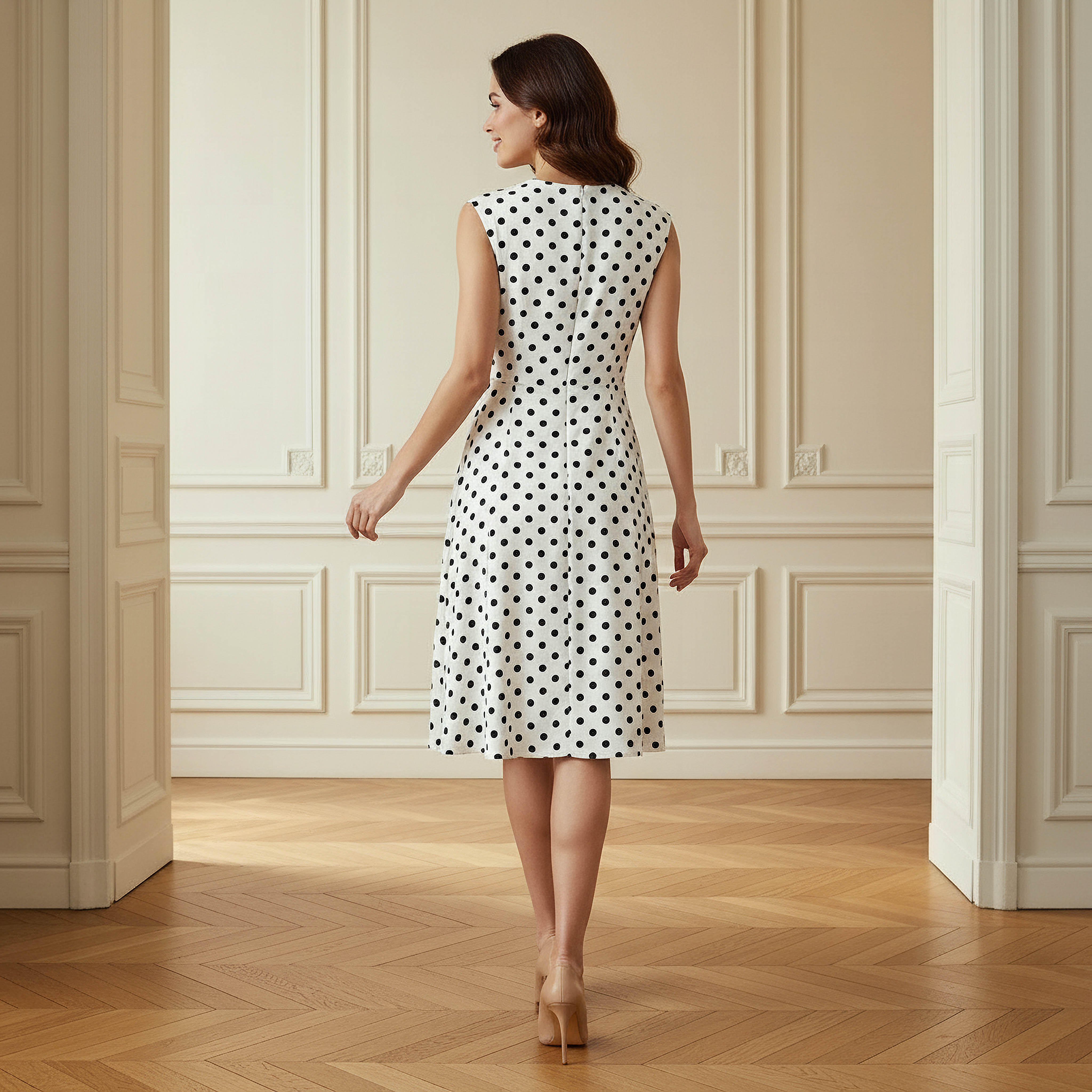 Polka Dot Print Sleeveless Knee length Dress with Crew Neck-women-clothing-dresses-image-3