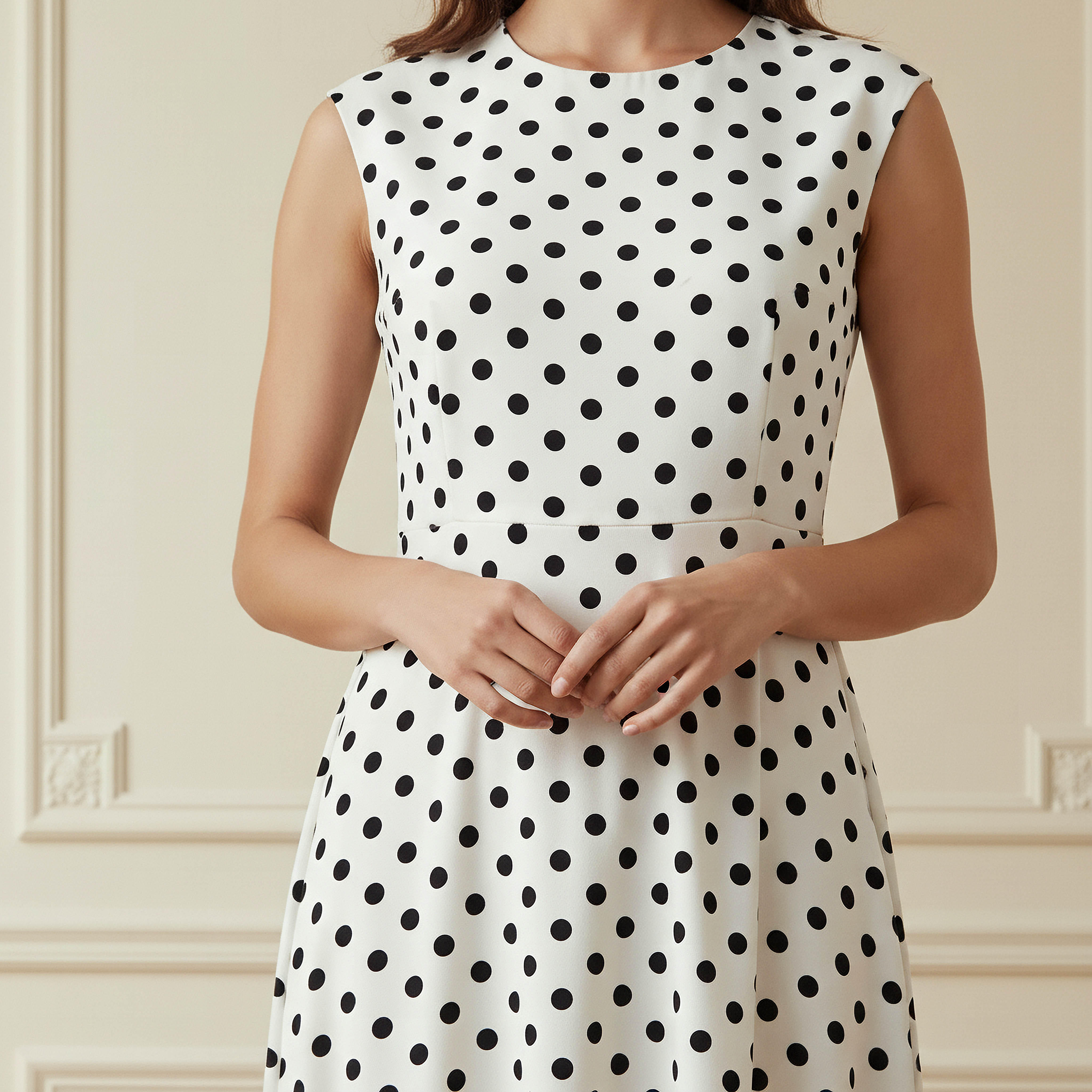 فستان قصير بدون أكمام بطبعات منقطة وياقة ضيقة-women-clothing-dresses-image-4