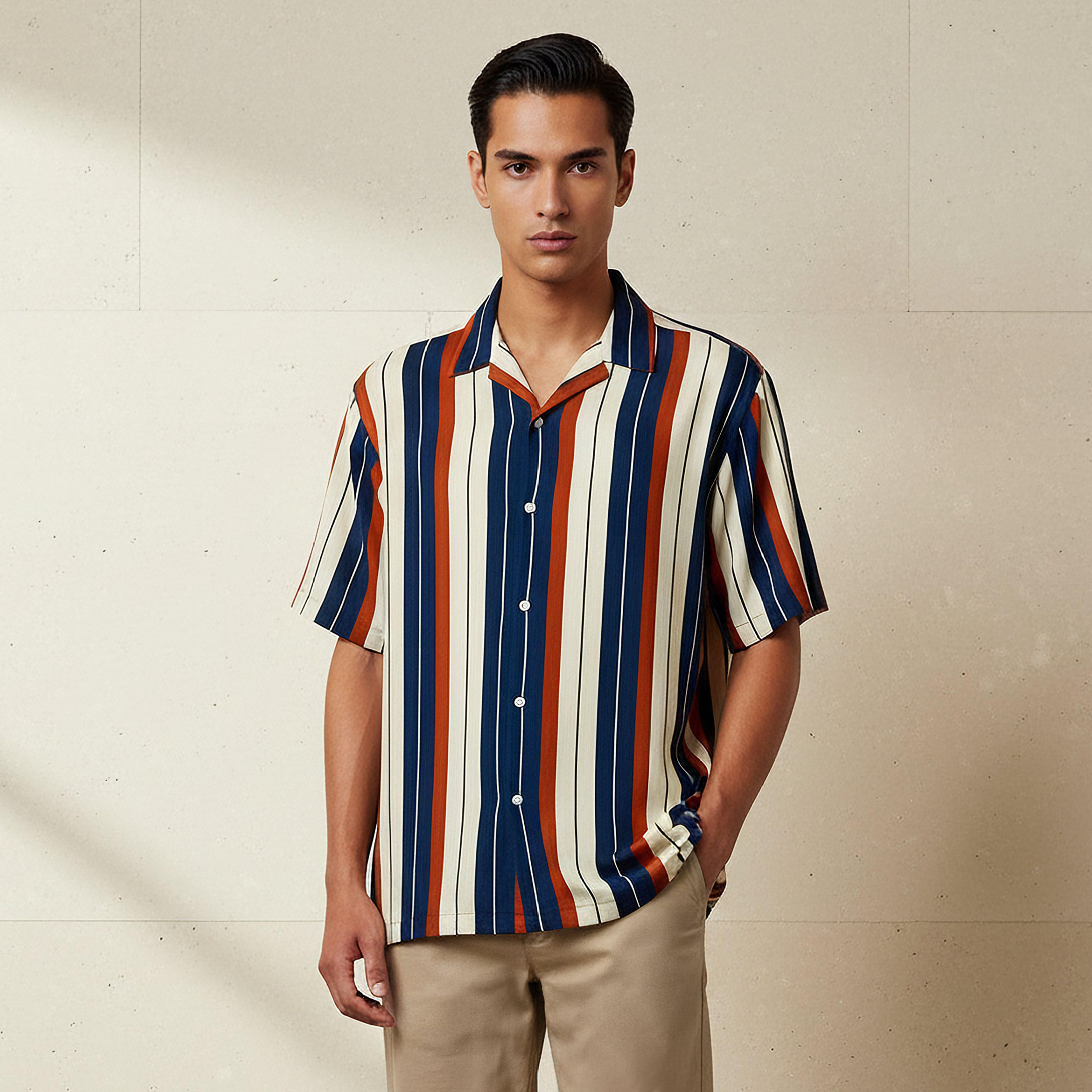 Men Regular Fit Viscose Camp Collar Striped Short Sleeve Shirt-men-clothing-shirts-image-1