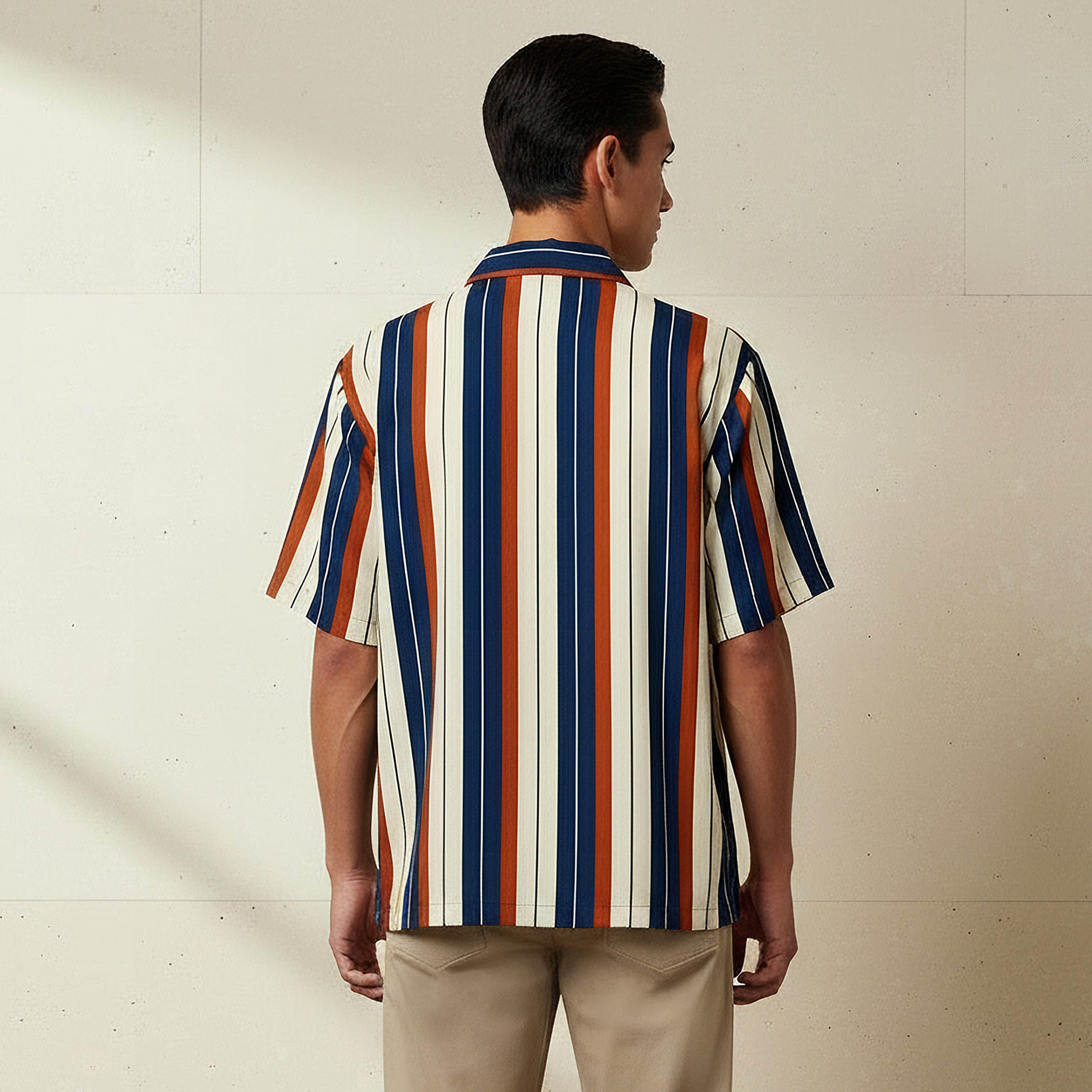 Men Regular Fit Viscose Camp Collar Striped Short Sleeve Shirt-men-clothing-shirts-image-3