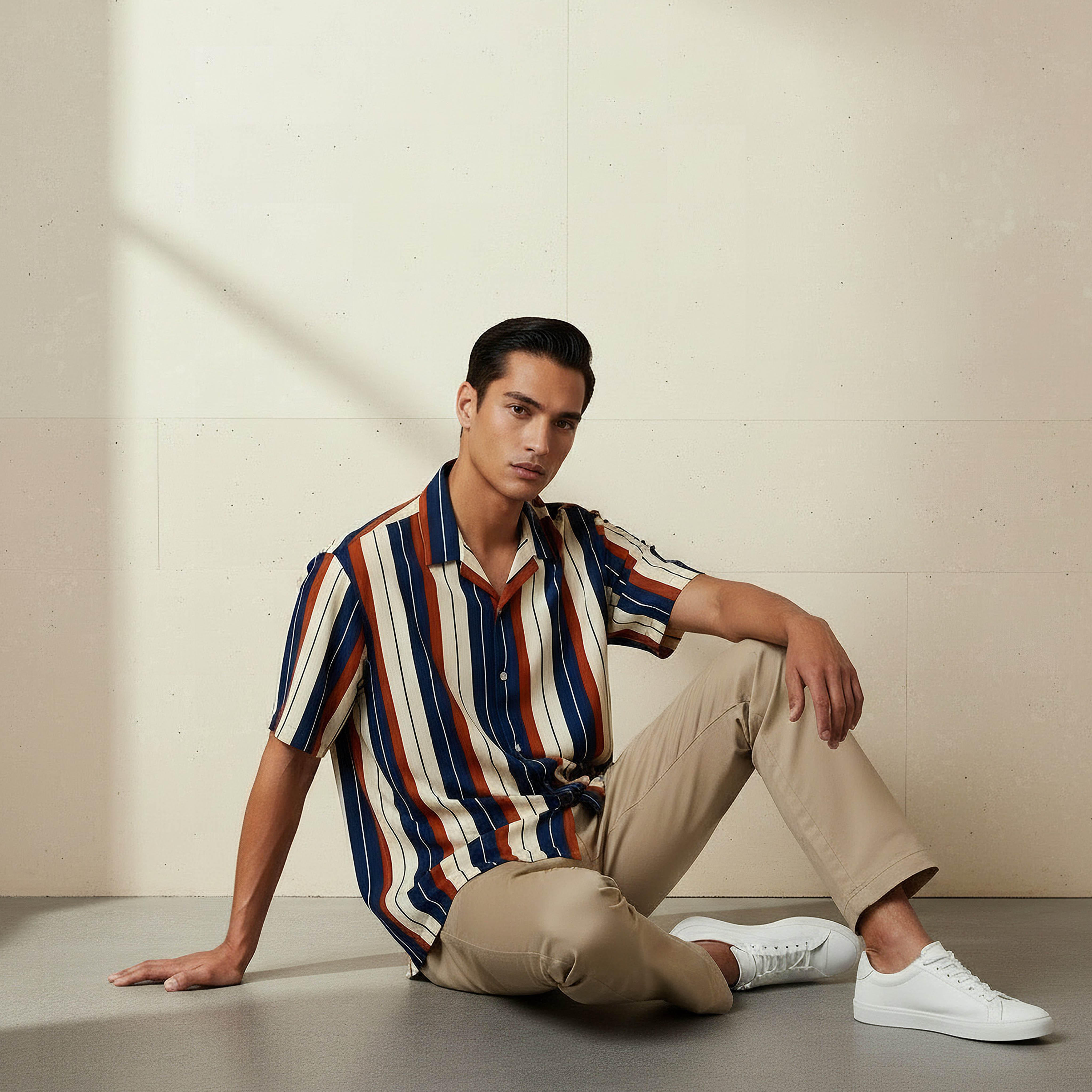 Men Regular Fit Viscose Camp Collar Striped Short Sleeve Shirt-men-clothing-shirts-image-5
