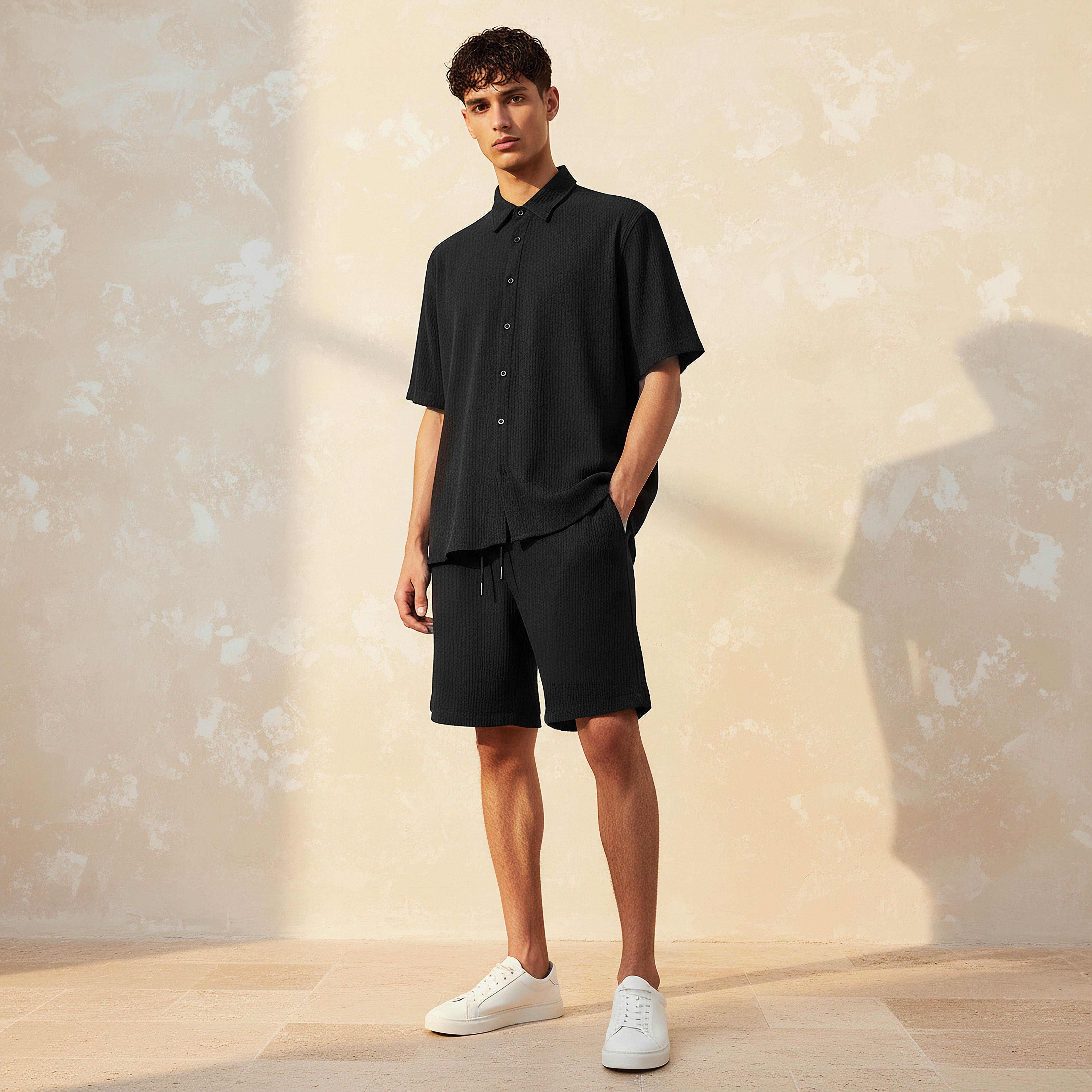 طقم قميص بارز الملمس بأكمام قصيرة وشورت-men-clothing-coordsets-image-1