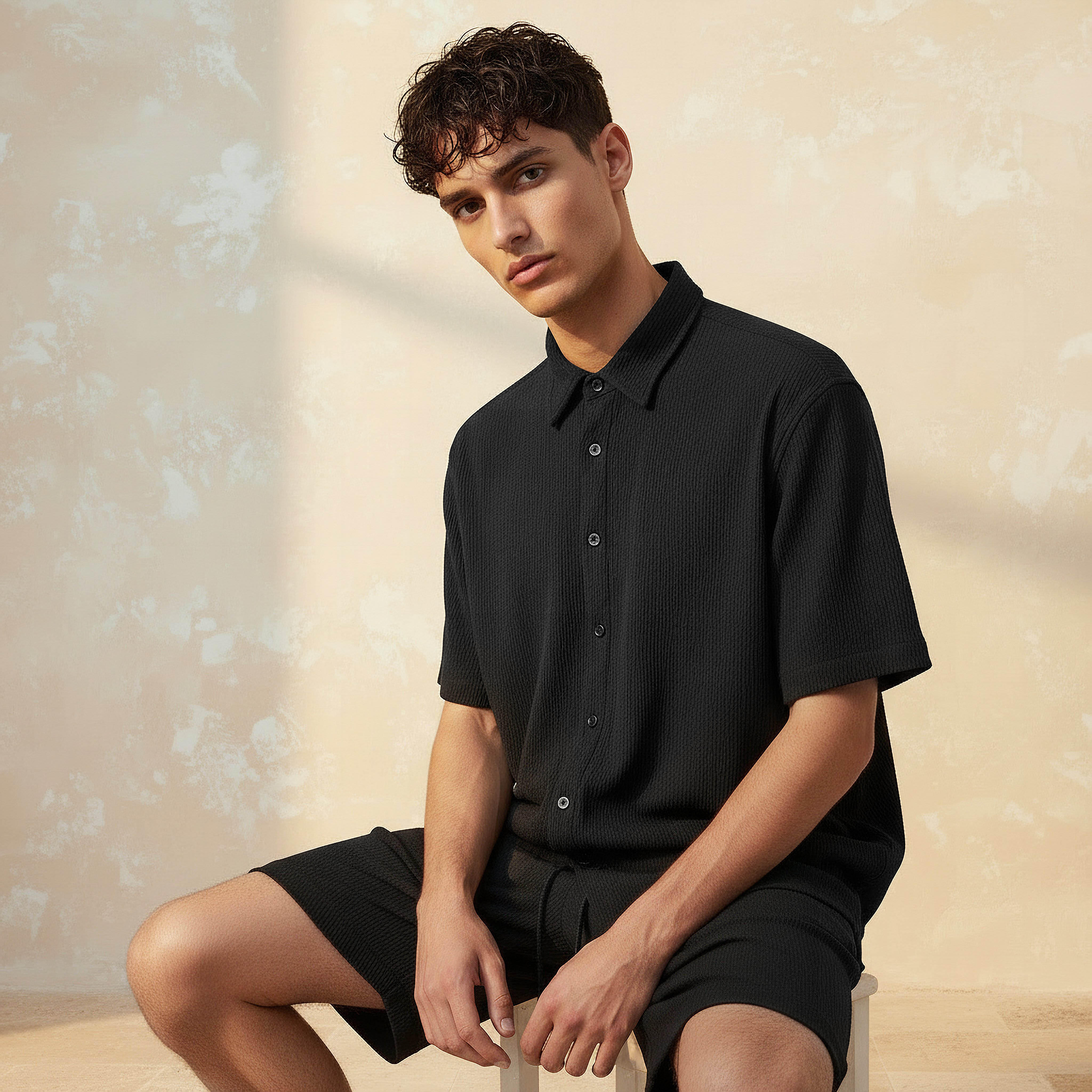 طقم قميص بارز الملمس بأكمام قصيرة وشورت-men-clothing-coordsets-image-3